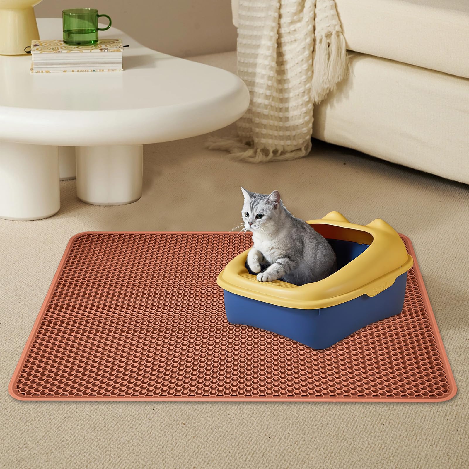 Alfombrilla para arenero de gatos – Alfombrilla de doble capa impermeable | y lavable, alfombra de profundo para areneros de gatos con base antideslizante, protección del suelo para gatos, gatito