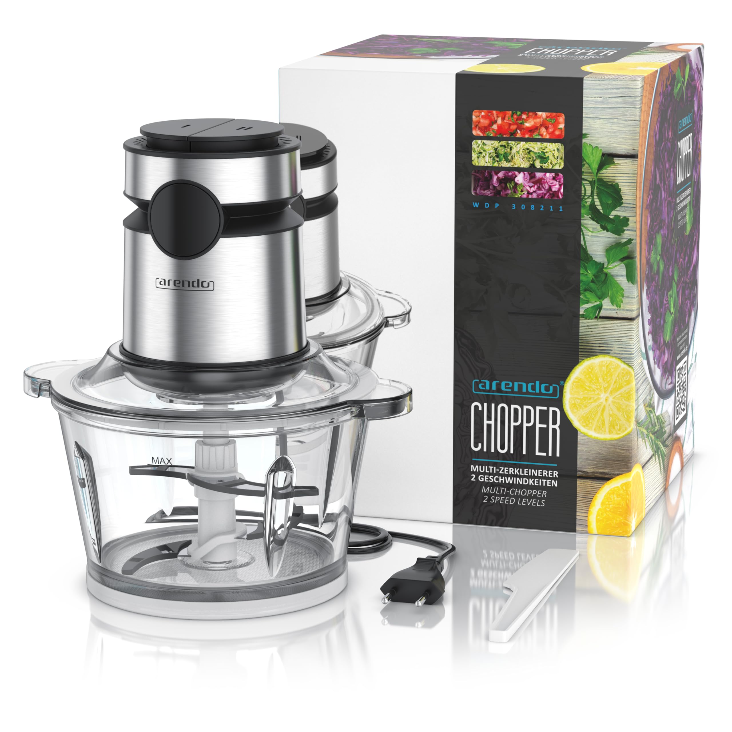 Arendo - Multi Zerkleinerer Küche elektrisch Edelstahl – extra starker 500 W Motor – 2 L Fassungsvermögen – Glas Behälter – mit Edelstahl-Mixbehälter – für Fleisch Nüsse Obst Gemüse u.v.m.