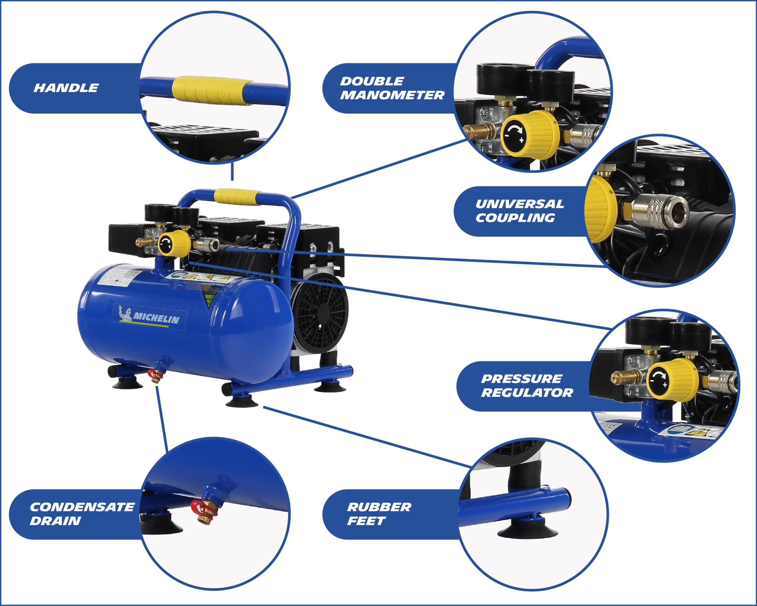 MICHELIN Compresseur d'Air Portable Silencieux MX 6/1, Compresseur d'Air Sans Huile, Pression Maximale 8 Bar, Puissance 1 CV, Réservoir 6 litres, Niveau Sonore 58 dB LpA