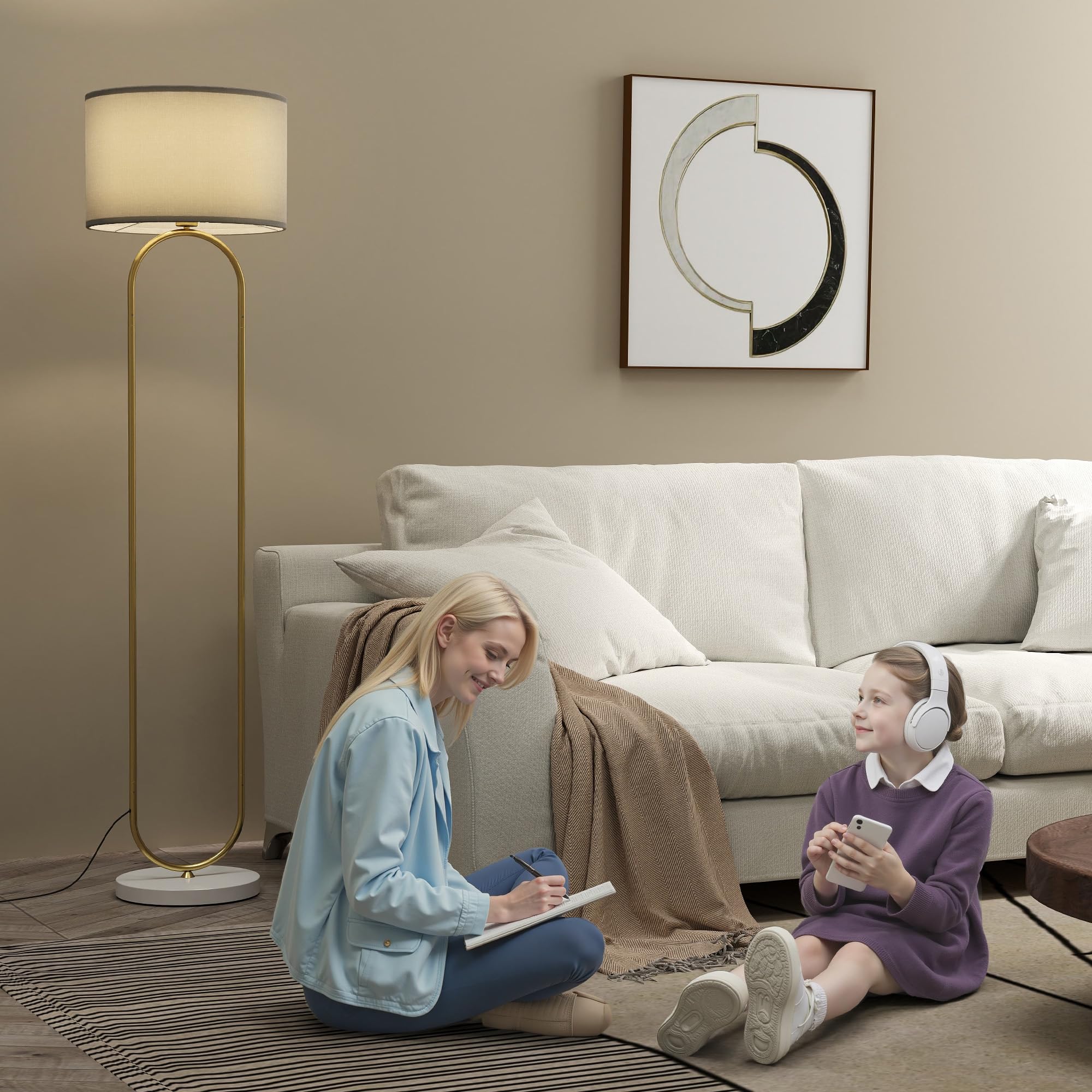 HOMCOM Lampada da Terra Moderna con Doppio Tubo Metallico Base Grande Oro | Lampada a Piantana, Paralume in Tessuto, Interruttore a Pedale, Base di Appoggio, per Salotto e Camera da Letto