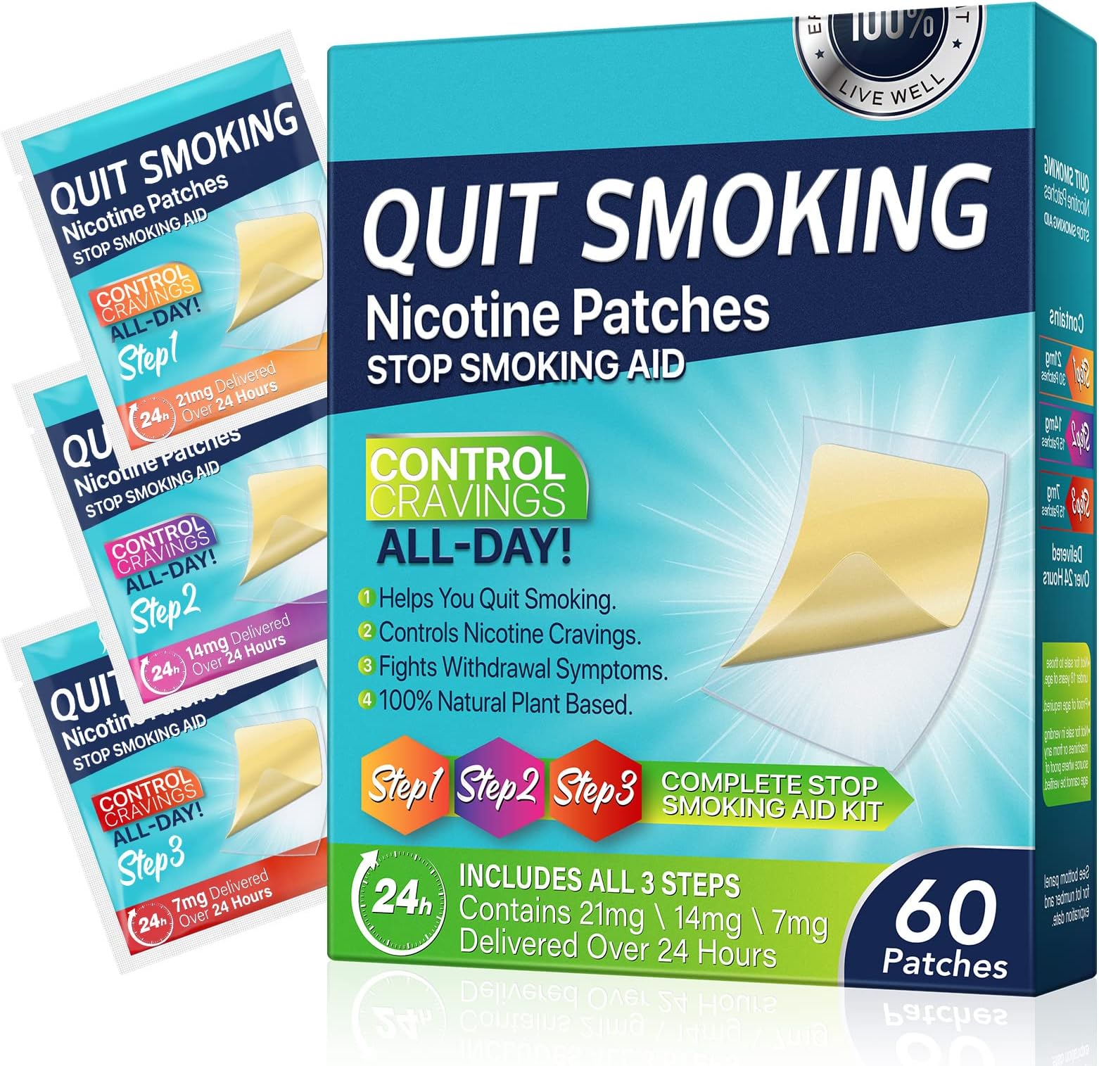 Quit Smoking Nicotine Patches, Step 1 2 3 Stop Smoking Aids Patches, (60pcs) Stop Smoking Aids that Work with 2 Weeks, Delivered Over 24 Hours Transdermal System, Anti Smoking Patches
