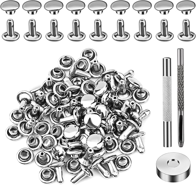 Leather Rivets, 50 Sets Silver Double Cap Rivets, 6mm Leather Rivets