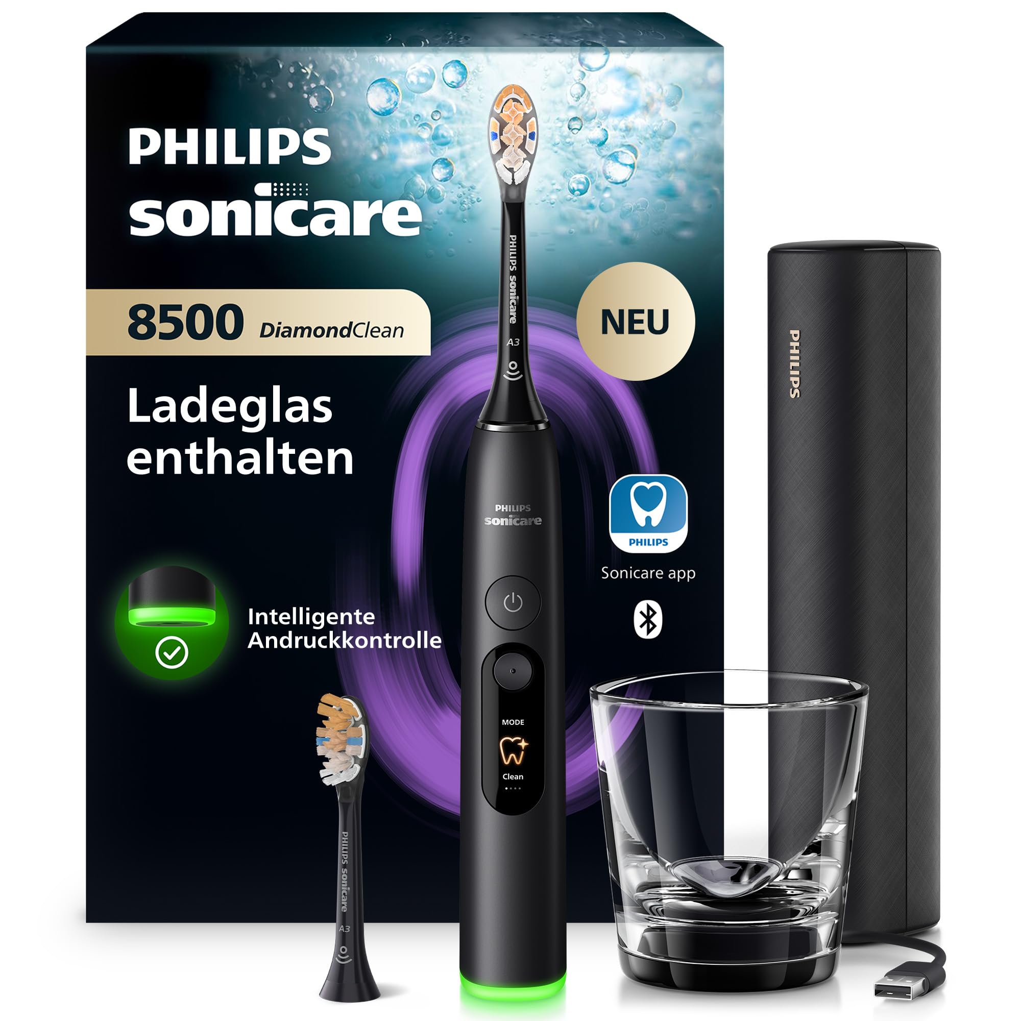Philips Sonicare Next-Generation DiamondClean 8500 elektrische Zahnbürste – mit intelligenter Andruckkontrolle und 18 Einstellungen, Schwarz, HX8514/12