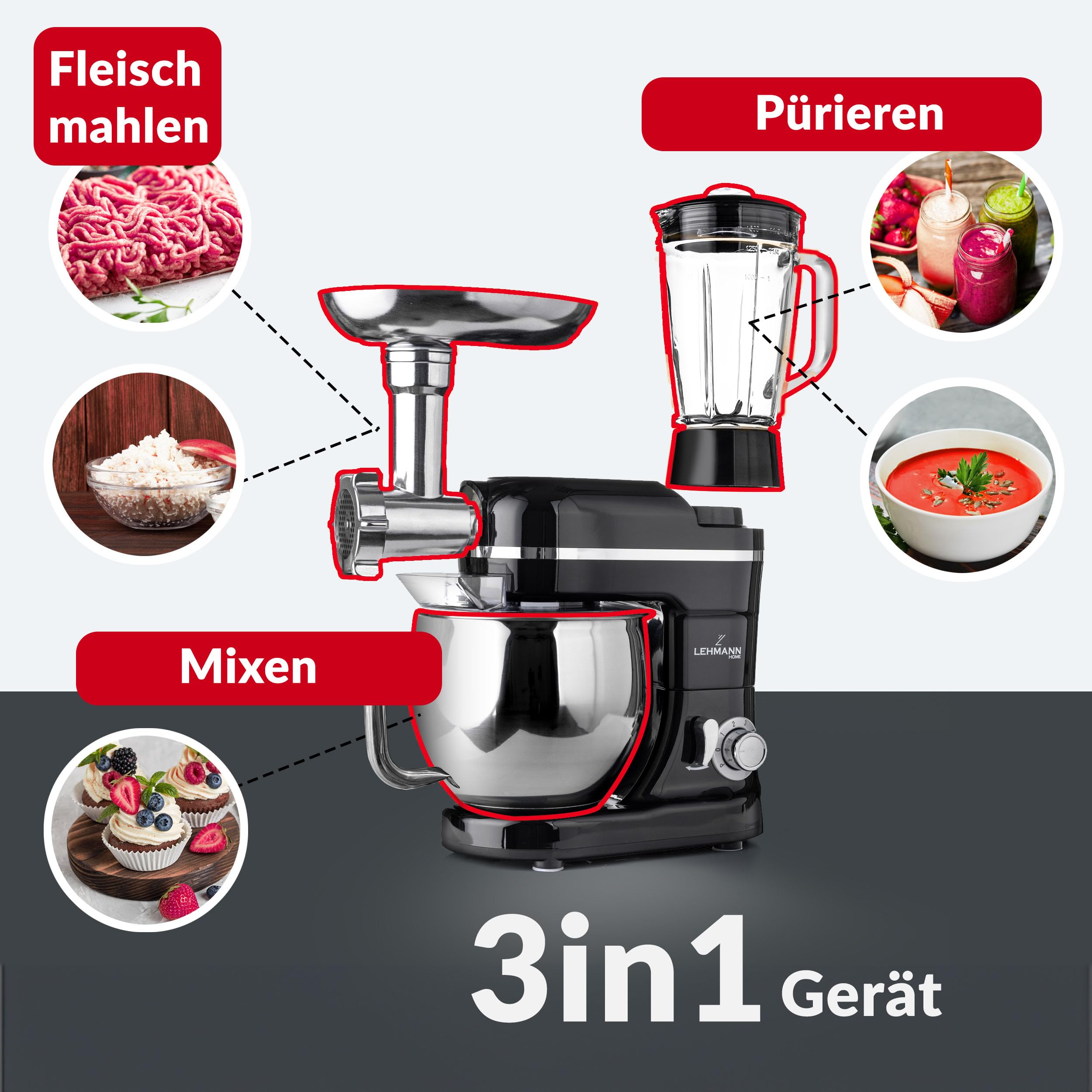 LEHMANN Küchenmaschine 3 in 1 mit Fleischwolf & Glasmixer 1,5L, Knetmaschine mit 5L Edelstahlschüssel, Planetarischem Rührsystem, 6 Stufen + Pulse, Teigmaschine für Brot, Pizza & Kuchenteig