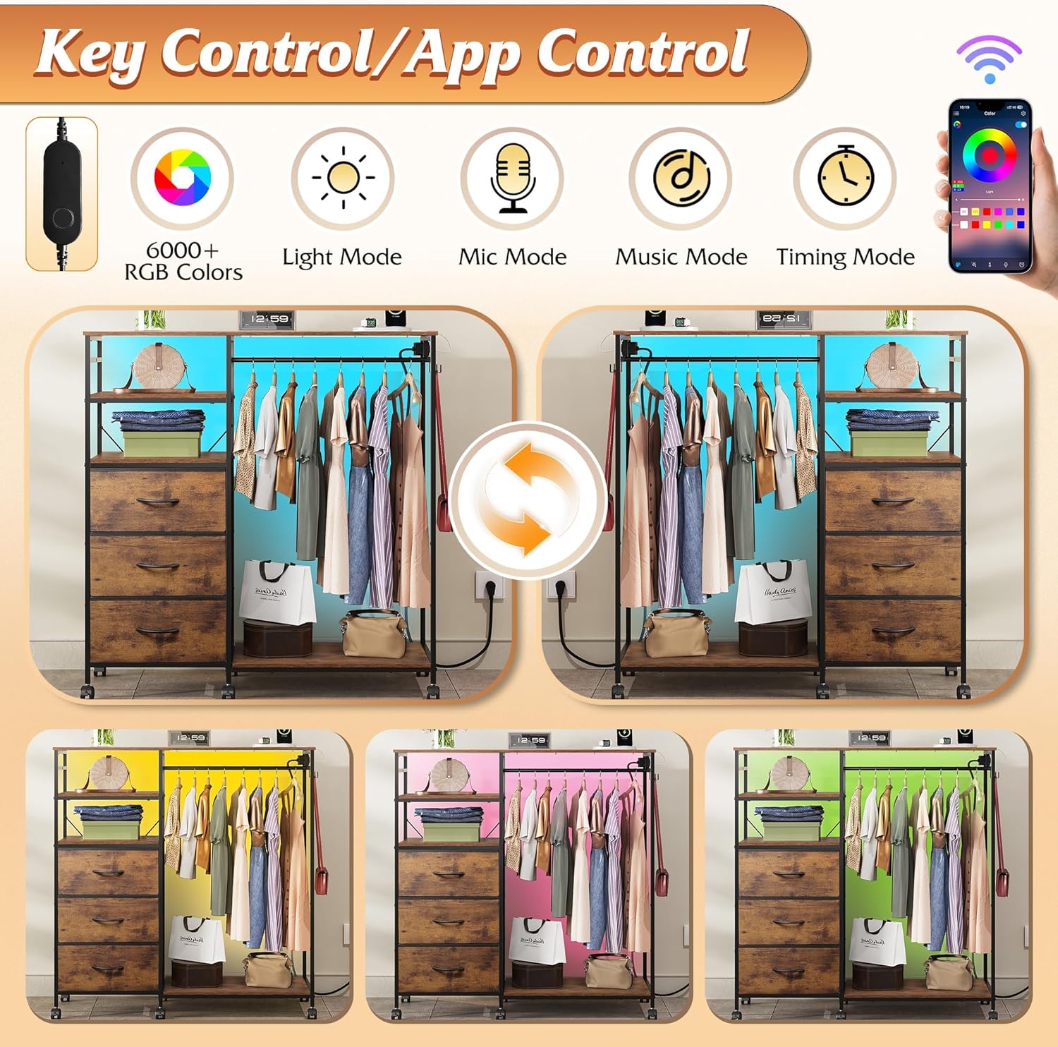 WLIVE Dresser with Hanging Rack for Bedroom, 3 Drawer Dresser with LED Lights & Charging Station, Fabric Dressers & Chest of Drawers, Storage Organizer with Open Shelves for Living Room, Brown - Image 5