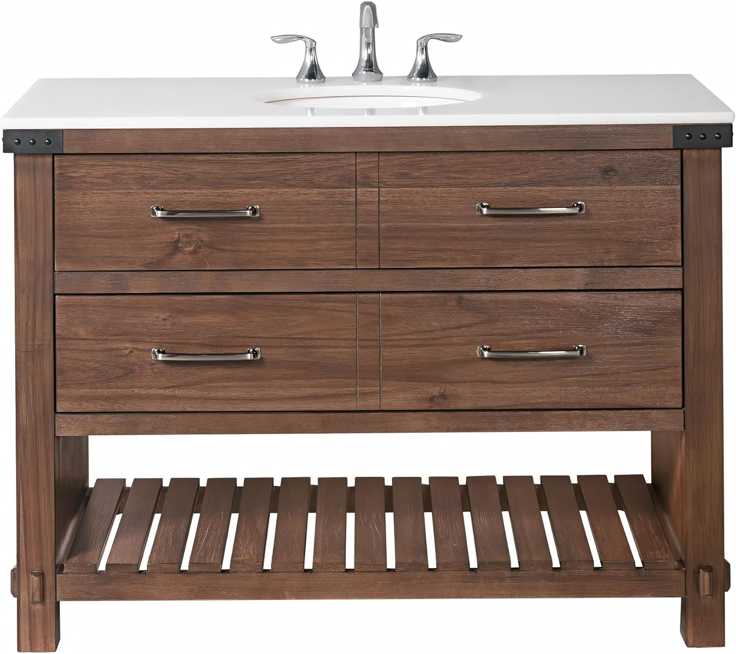 48-inch Bathroom Vanity with Single Sink, White Marble Countertop, Rustic Acacia Wood Base, 2 Soft Close Drawers & Open Shelf, Oval Ceramic Sink (Rustic Wood, 48" W)