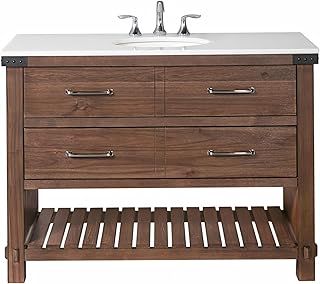 48-inch Bathroom Vanity with Single Sink, White Marble Countertop, Rustic Acacia Wood Base, 2 Soft Close Drawers & Open Shelf, Oval Ceramic Sink (Rustic Wood, 48" W)