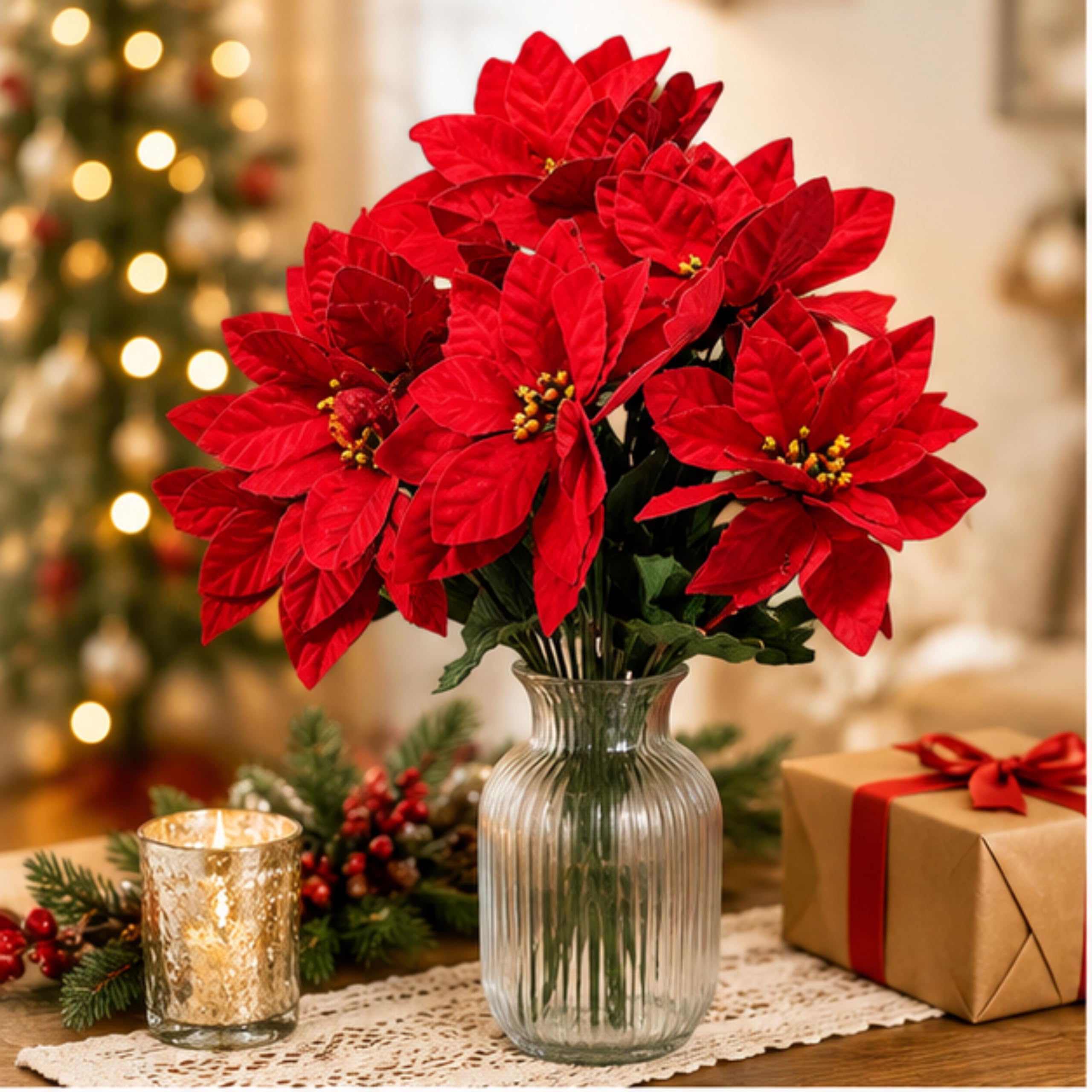 BANBERRY DESIGNS - Juego de 4 Flores de Pascua de Pascua Rojas con arbustos de Flores de 13 Pulgadas de Alto Cada uno - Decoraciones de Navidad Rojas - Accesorios Decorativos Florales