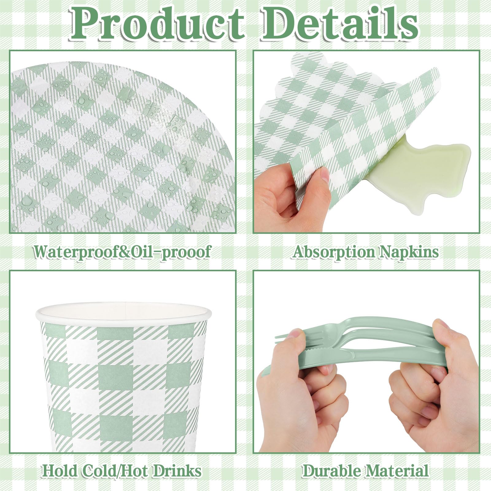 20 Serviettes Jetables Vert Sauge à Carreaux – Bord Festonné, Papier Qualité, Pour Mariage, Cocktail, Fête Prénatale - 4