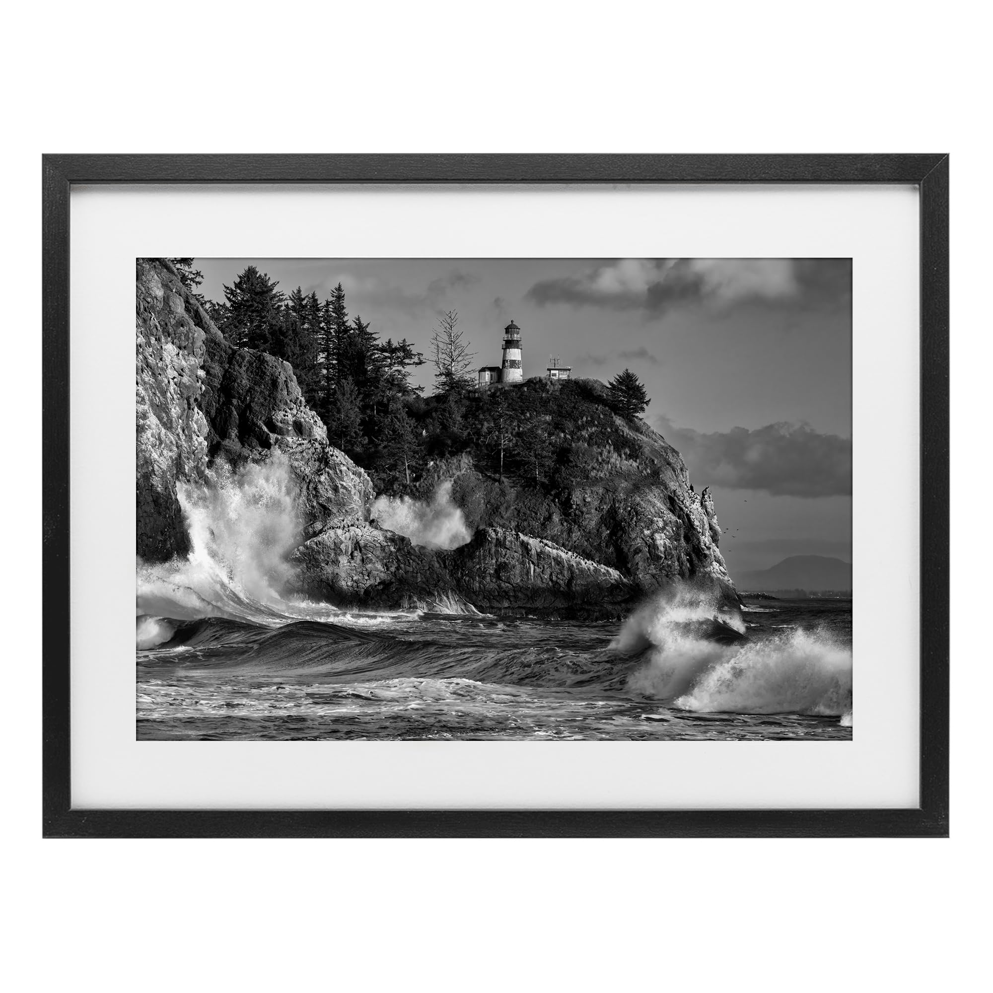 Stupell Industries Nautical Lighthouse Over Rolling Waves, Greyscale Coastal Cliff Landscape, 14 x 20 Inch Framed Matted Print Under Glass, by Rick Berk, Made in USA Gift