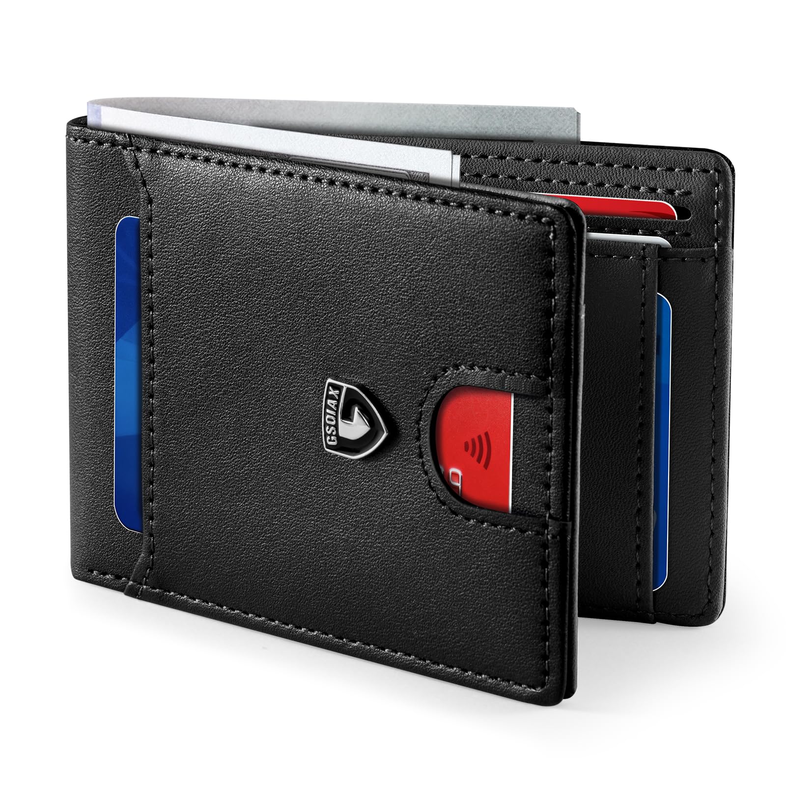 Slim Wallet for Men RFID Blocking Bifold Wallet Carbon Fiber Front Pocket Wallet with 11 Card Holder Minimalist Mens Wallet with Gift Box (Black-1)