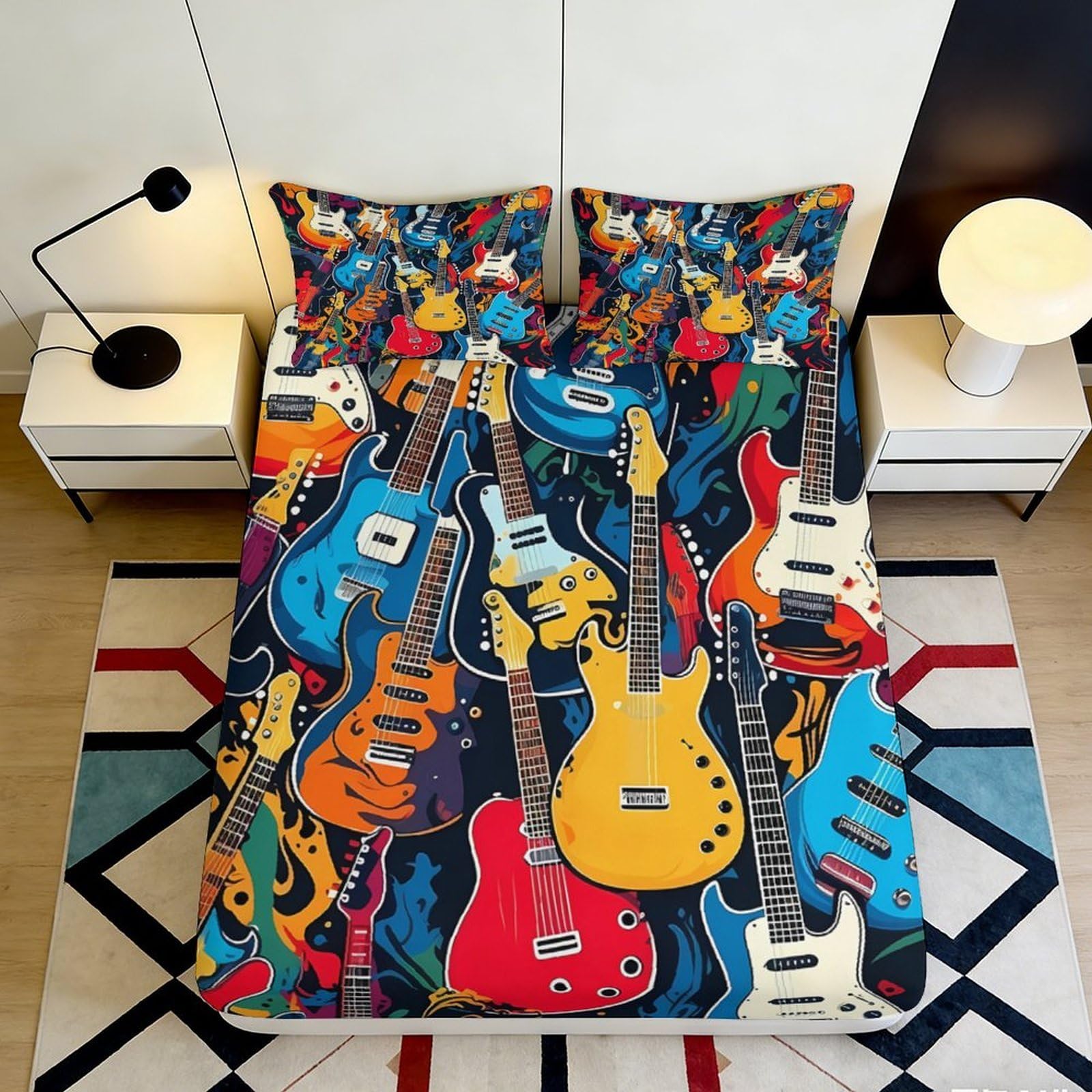 3D Printed Colorful Guitar Fitted Sheet Microfiber Soft Breathable Abstract Music Bed Cover for Bedroom Guestroom 90x200x25cm