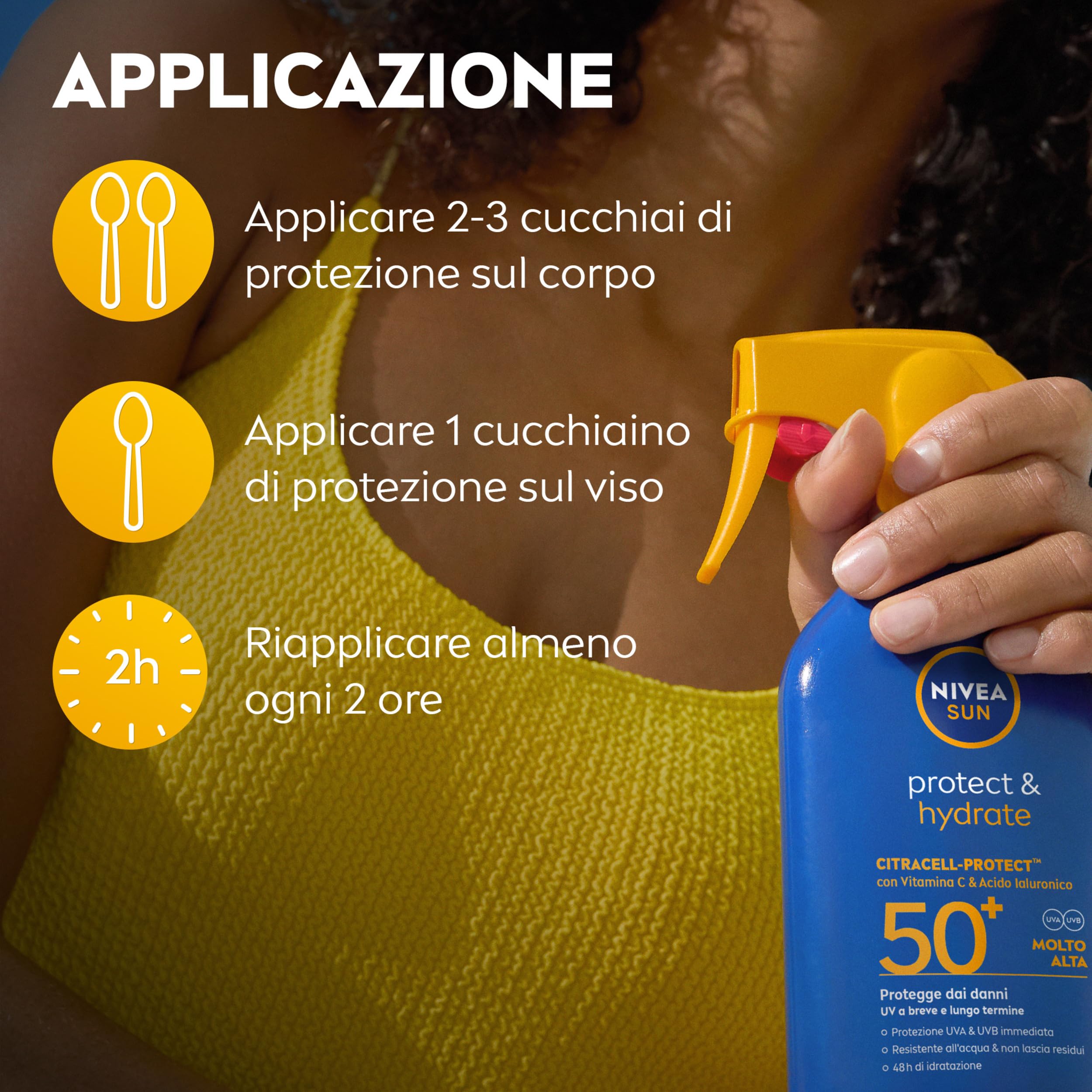 NIVEA SUN Protect & Hydrate Maxi Spray Solare SPF 50+ 270 ml, Crema solare 50 spray idratante 48h ad assorbimento rapido, Protezione solare 50+ resistente all'acqua con Vitamina C e Acido Ialuronico