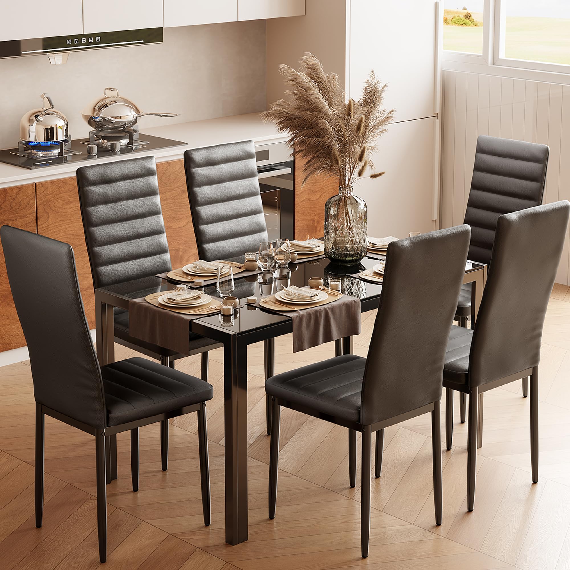 Bealife Kitchen Dining Table Set for 6, Tempered Glass 7 Piece Table and Chairs Set Modern for Home, Kitchen, Living Room, Dining Room,Black