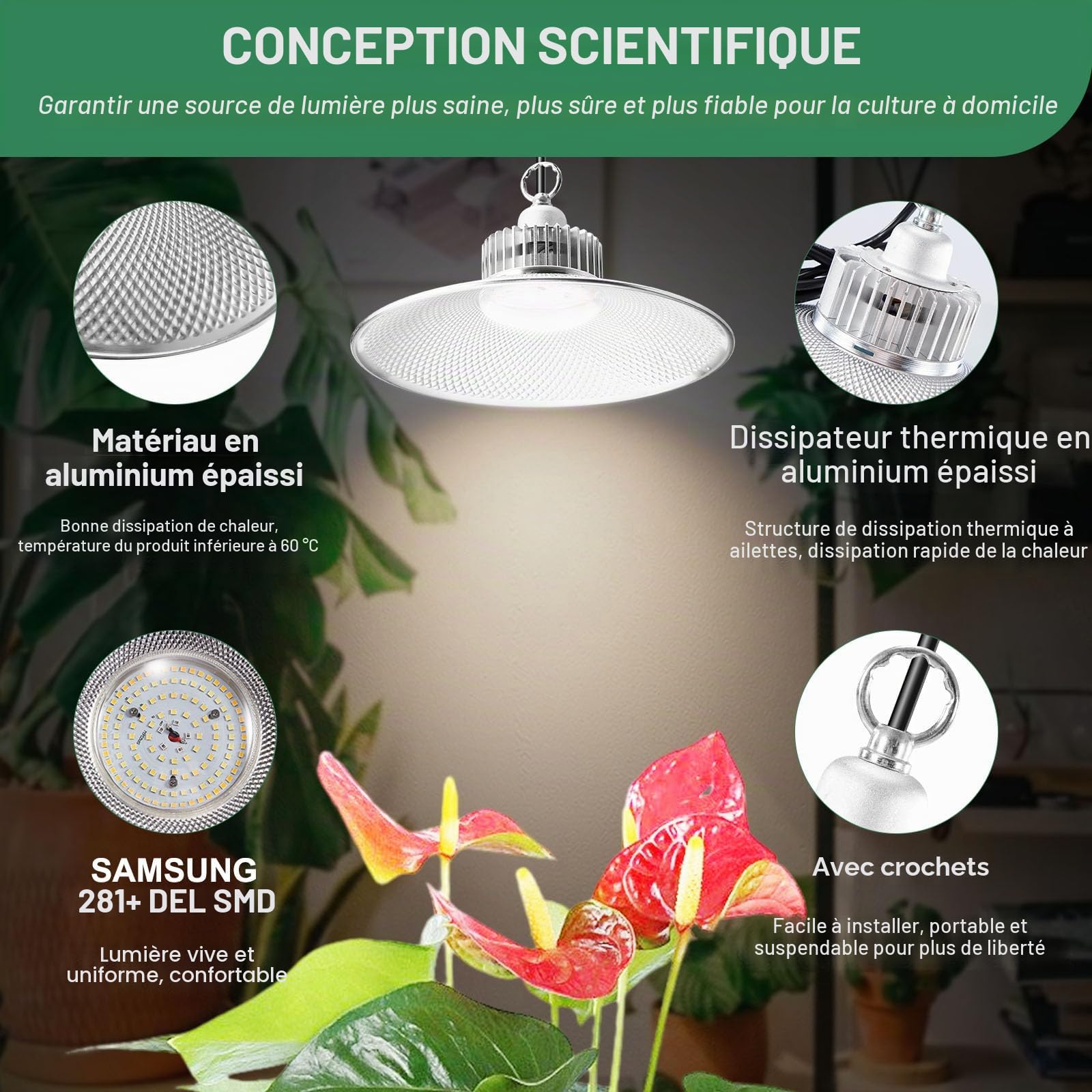 Lampe Horticole Led 36 W À Spectre Complet Équivalente À 400 W Avec Crochet De Suspension Et PPFD Élevé Pour Plantes D'Intérieur, Fleurs, Légumes Et Fruits, Lampe De Croissance 4100 K