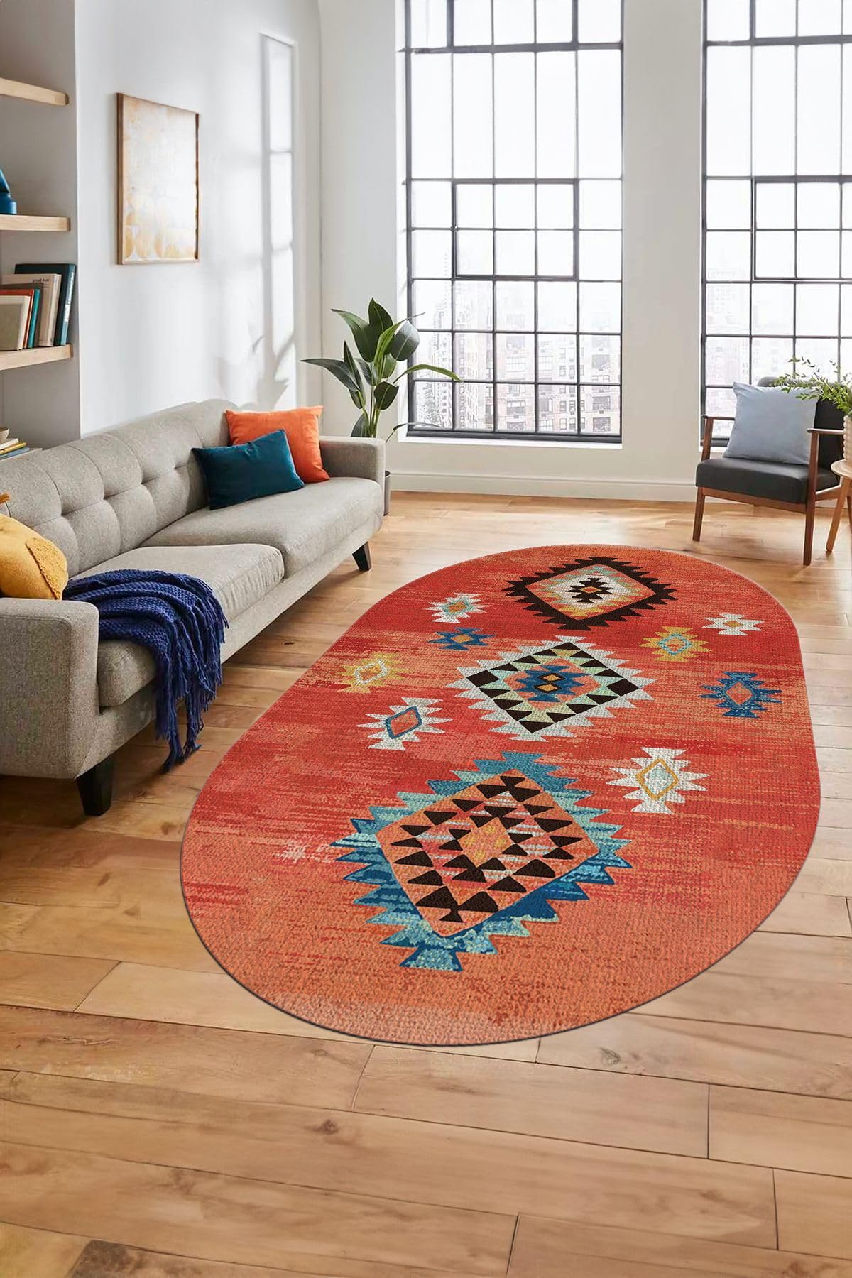 Evdeya Dijital Baskılı Kaymaz Taban Yıkanabilir Etnik Desenli Oval Mutfak Salon Halısı O-ETNİK-01, Kırmızı, 40 x 60