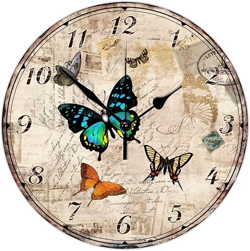 Miniatura 9 de Reloj de pared de madera, estilo vintage, mariposas florales, silencioso, funciona con pilas, reloj de pared redondo de estilo antiguo y elegante,