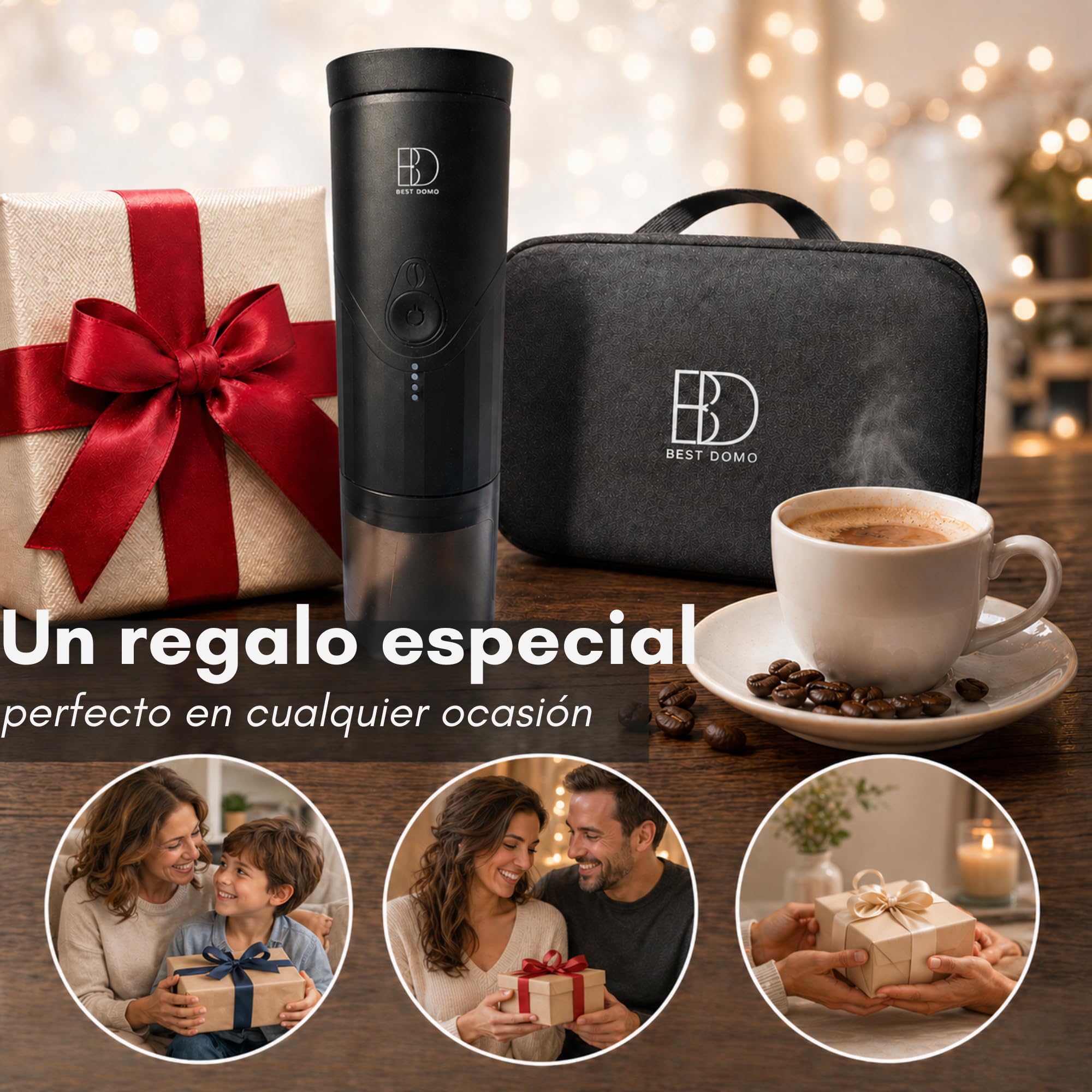 Cafetera Portátil para Cápsulas Pequeñas y Café Molido, Espresso 20 Bares | Calienta el agua y prepara hasta 5 espressos por carga. USB-C recargable, con estuche ideal para coche, viajes y oficina