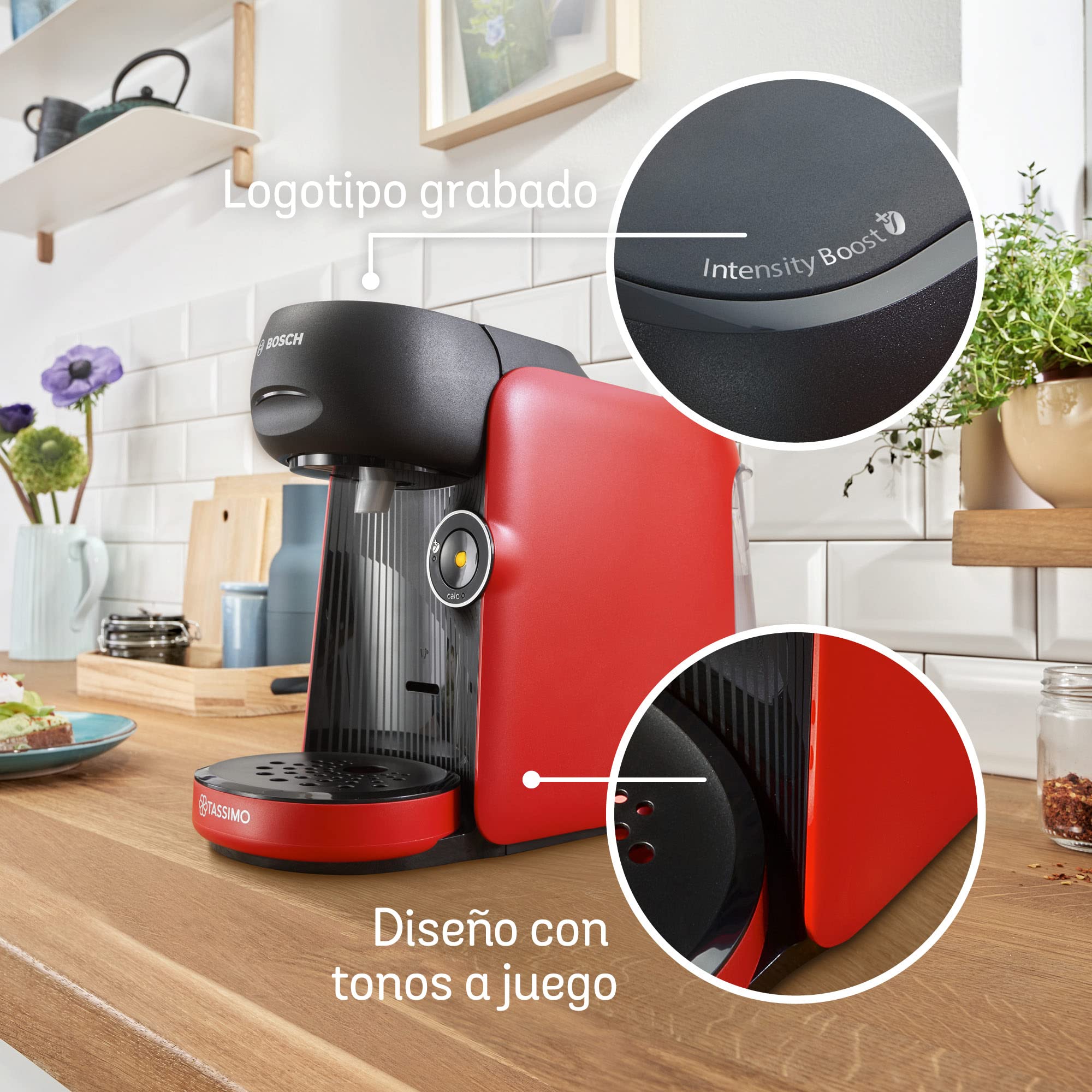 Bosch - Cafetera TASSIMO FINESSE para preparar múltiples bebidas, hasta 40 bebidas, IntensityBoost, INTELLIBREW, rojo, TAS16B3