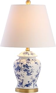 JONATHAN Y JYL3005A 22" Blue White Chinoiserie Ginger Jar Table Lamp - French Country Ceramic Bedside Lamp with Linen Shade & LED Bulb