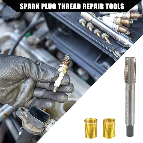 Miniatura 2 de Herramientas de reparación de rosca de bujía exterioruniversal con insertos de rosca interior M10x1.0 y grifo M12x1.0duraderometal1 juego de tono