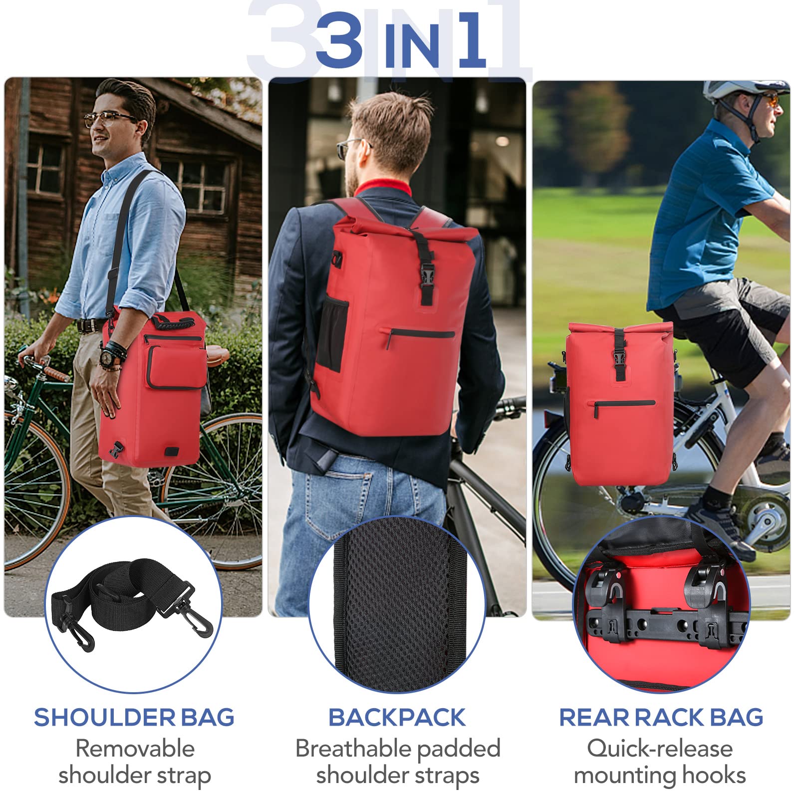 Mochila 3 en 1 para Bicicleta, Bolso de Hombro para Ciclismo, Desplazamientos, Senderismo, Viajes con Compartimento para Ordenador Portátil y Tira Reflectante (Rojo)