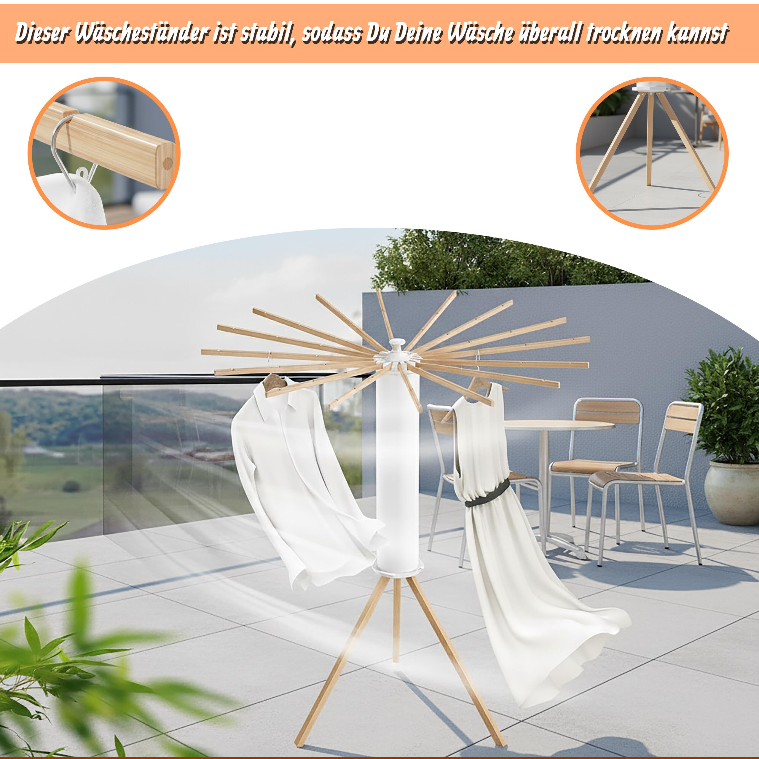 Relaxdays Wäscheständer, klappbar, 16 Trockenstangen, HxD 121 x 112 cm, Balkon & Camping, Wäschespinne Holz, weiß/Natur