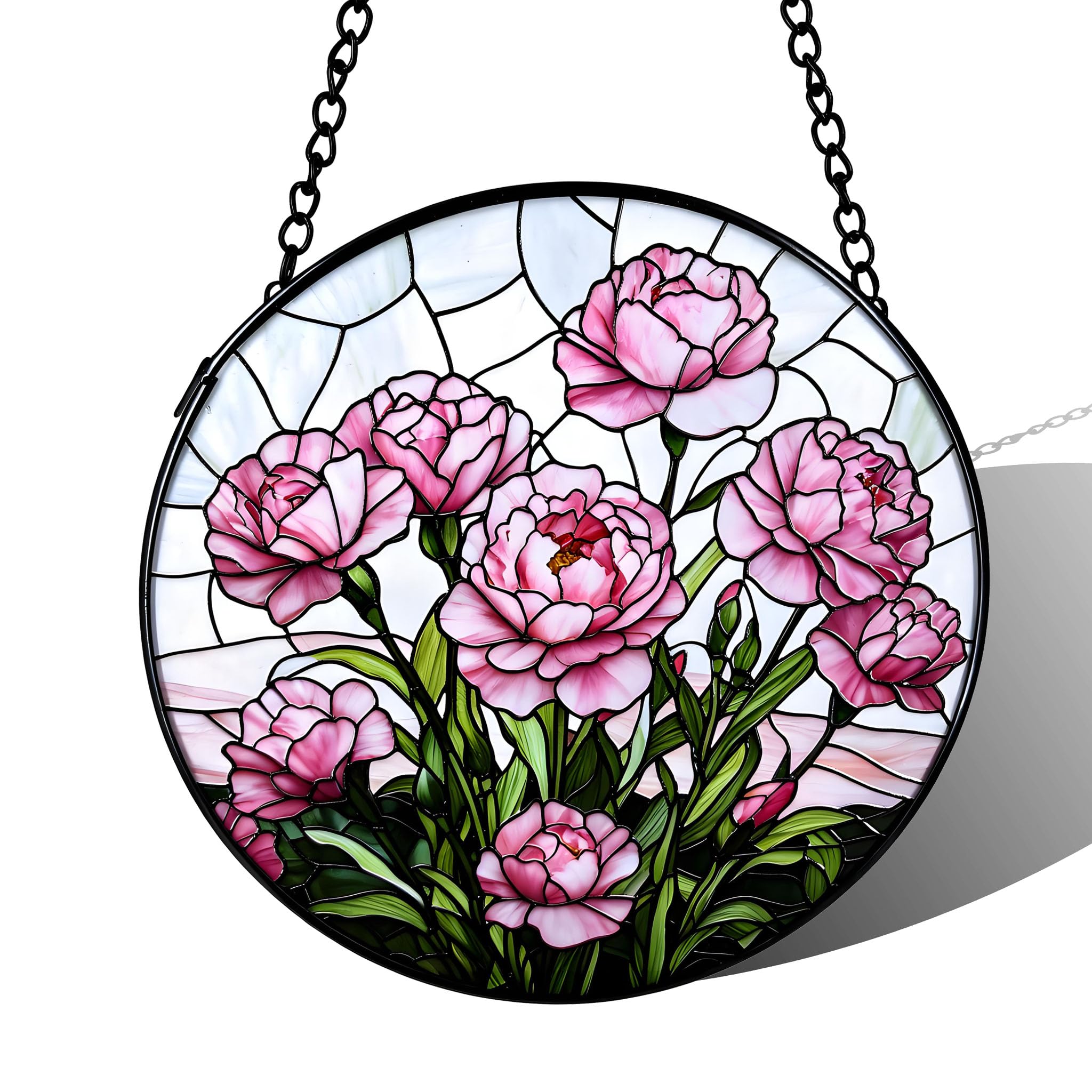Stained Acrylic Puzzle Suncatcher,7.48in Pink Flowers Printed Whimsical Garden Porch Decor