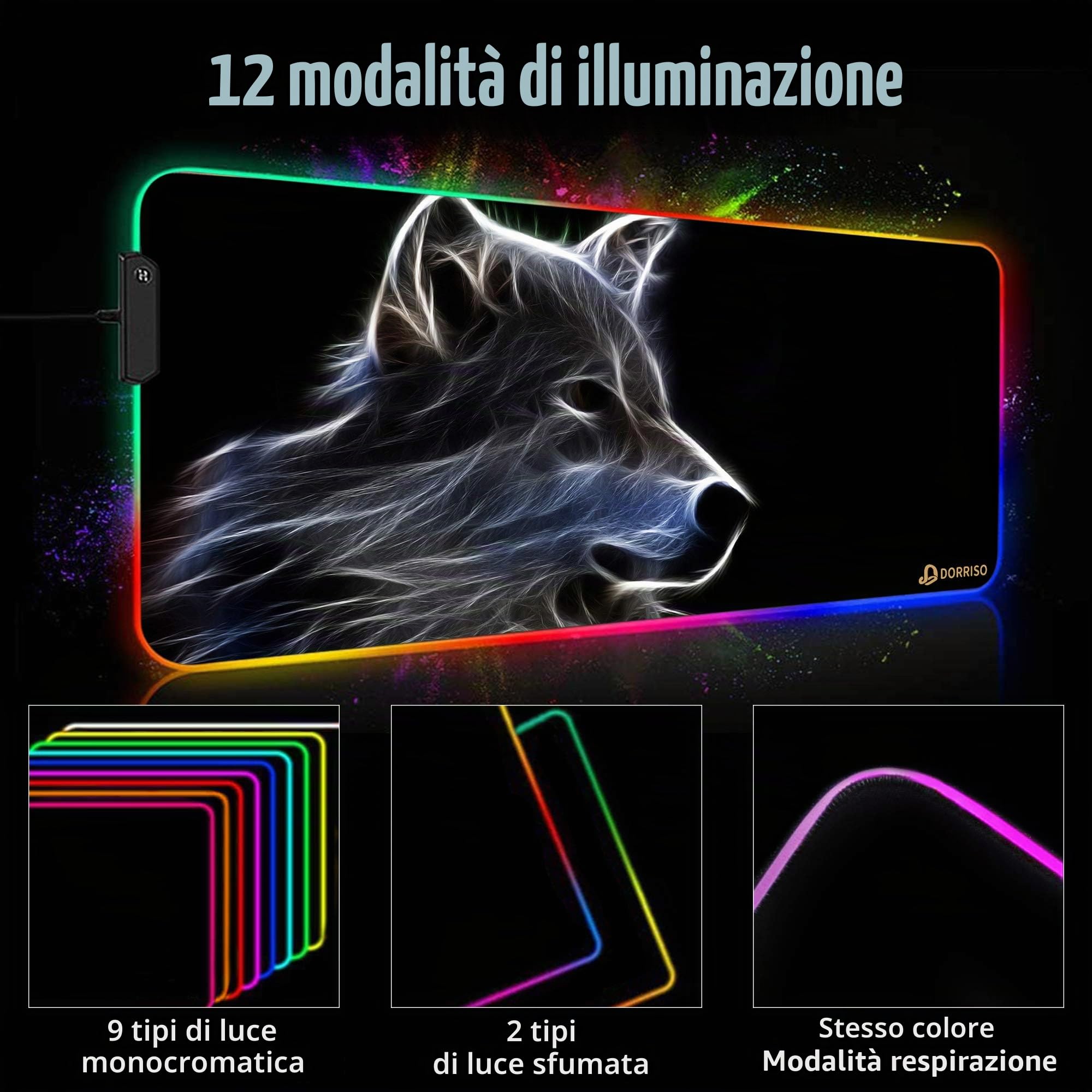 RGB Tappetino per Mouse Gaming XXL 900 x 400 mm Grande Mouse Pad 12 LED Effetti Luce Superficie Liscio Antiscivolo Computer PC e Laptop Tappetino per Mouse Lupo