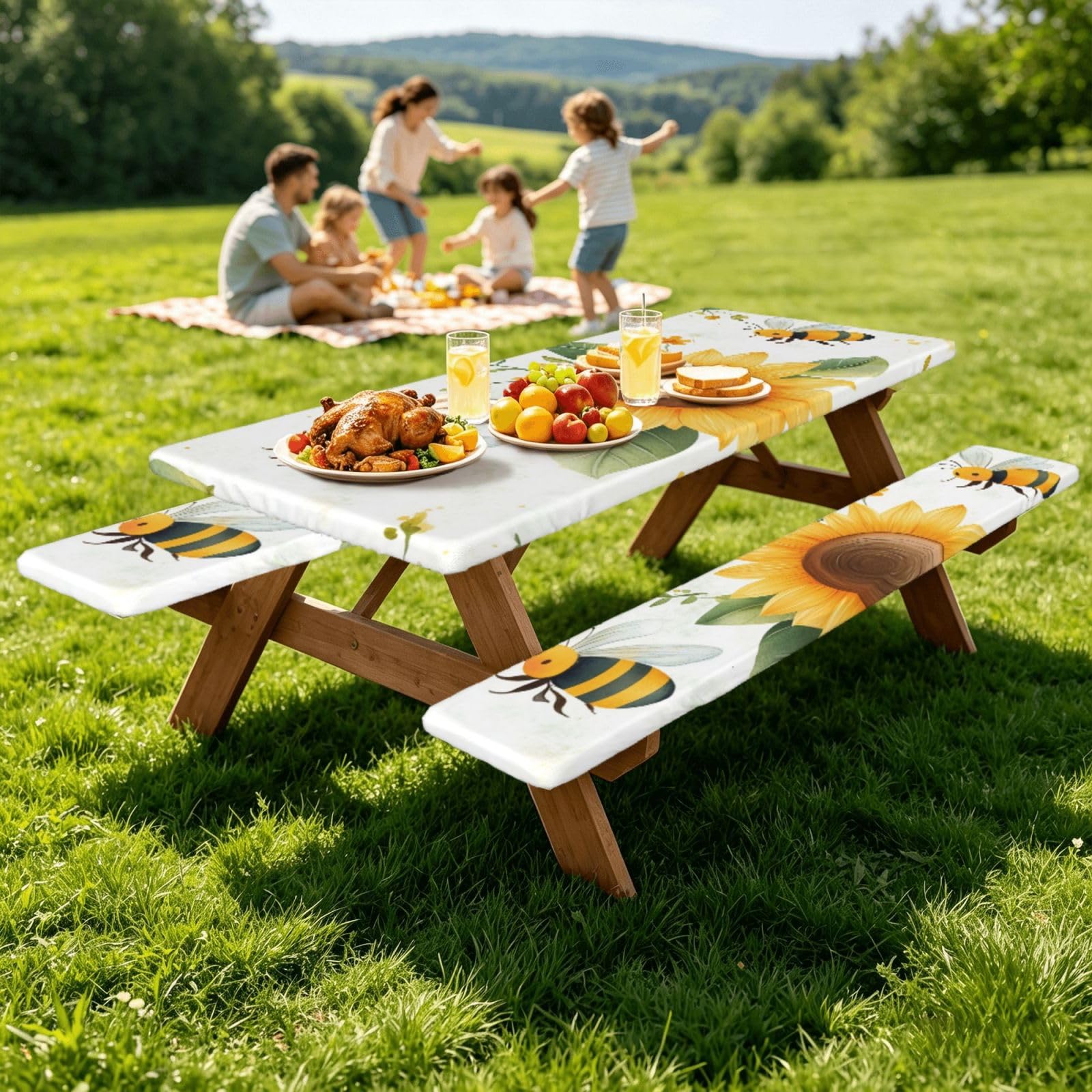 Nappe de pique-nique ajustée avec housses de banc, nappe élastique ajustée, imperméable, pour camping, extérieur, 183 cm