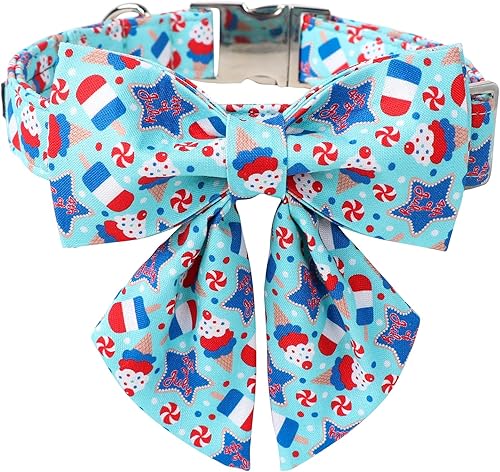 Miniatura 6 de MACA Bates - Collar de perro con bandera estadounidense con flor, collar patriótico de algodón suave para perro del 4 de julio, collar ajustable con