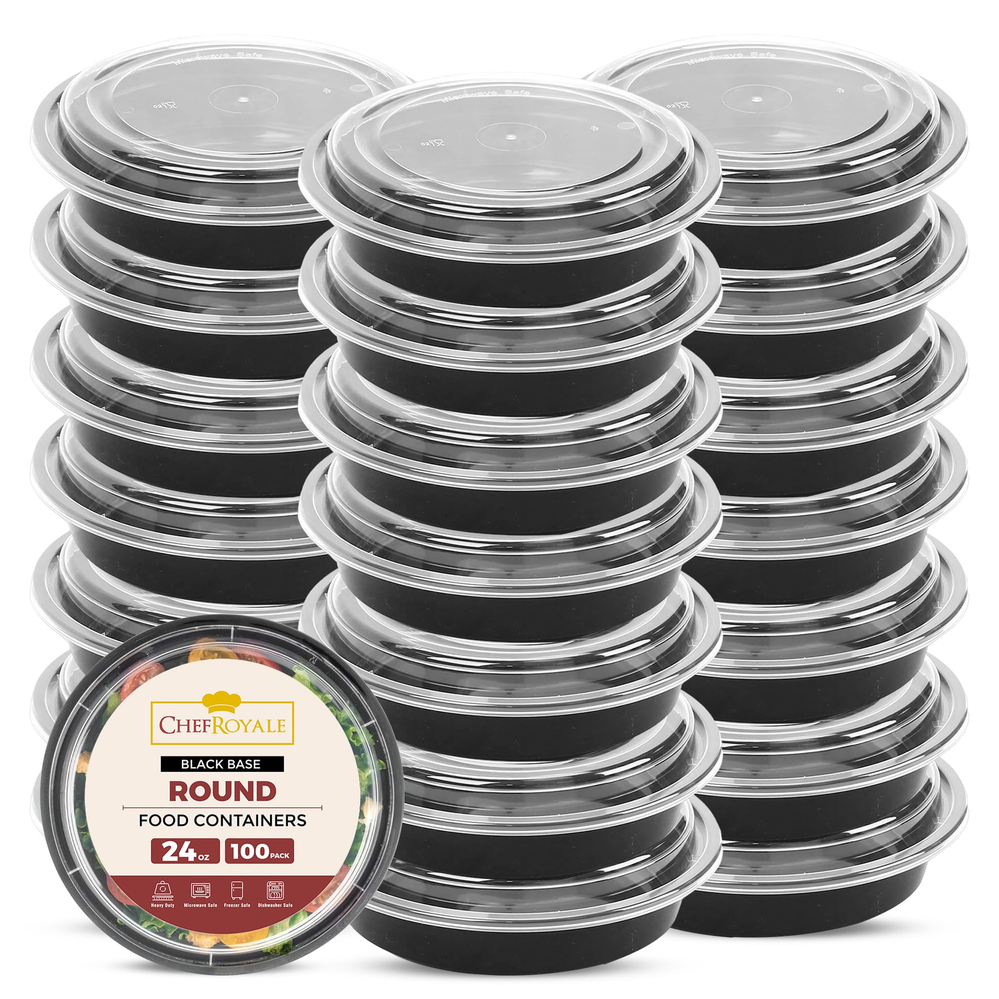 CHEF ROYALE 100x 24oz Round Meal Prep Containers with Lids Reusable Food Containers with Airtight Lids - Microwave & Dishwasher Safe - BPA Free Stackable Lunch Boxes (100, 24oz)