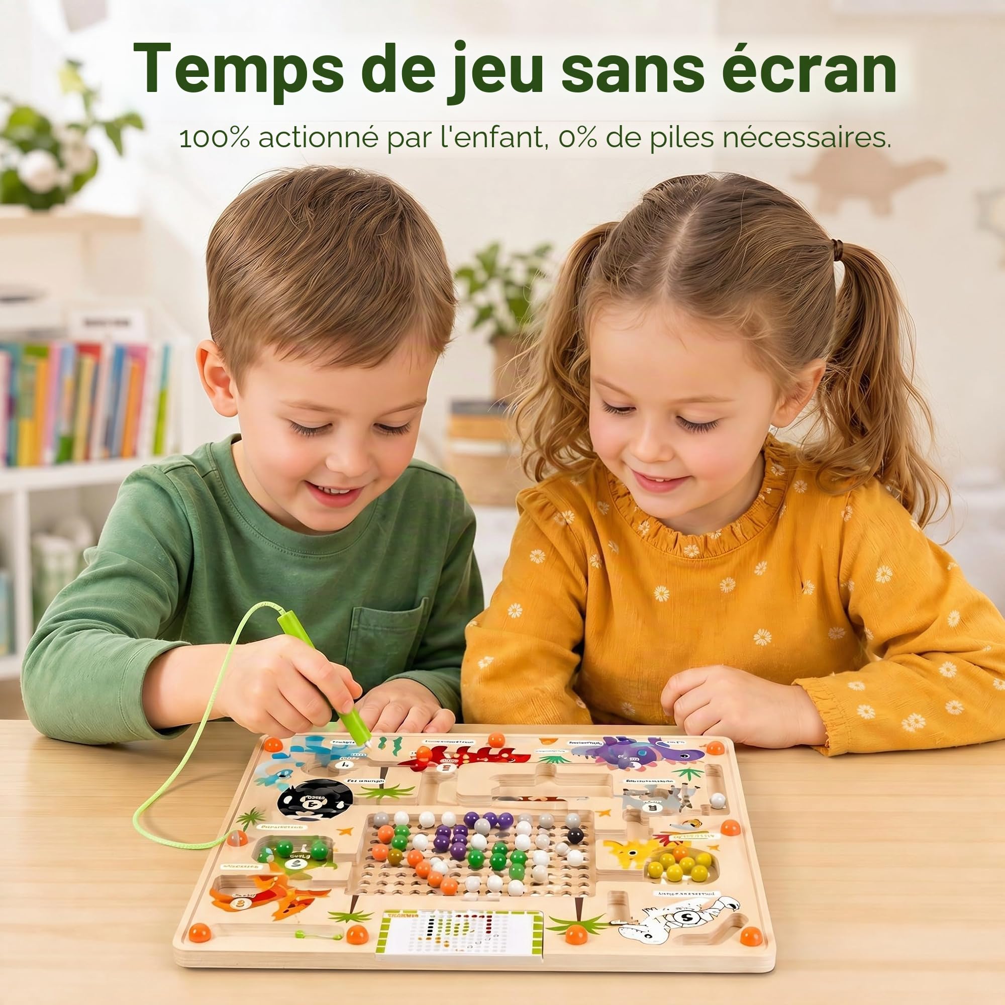 Labyrinthe Magnétique en Bois Dinosaure, Jouet Montessori Éducatif pour Apprendre Chiffres et Couleurs, Jeu de Motricité Fine avec Stylos et Cartes, Cadeau Enfant 3 4 5 6 Ans