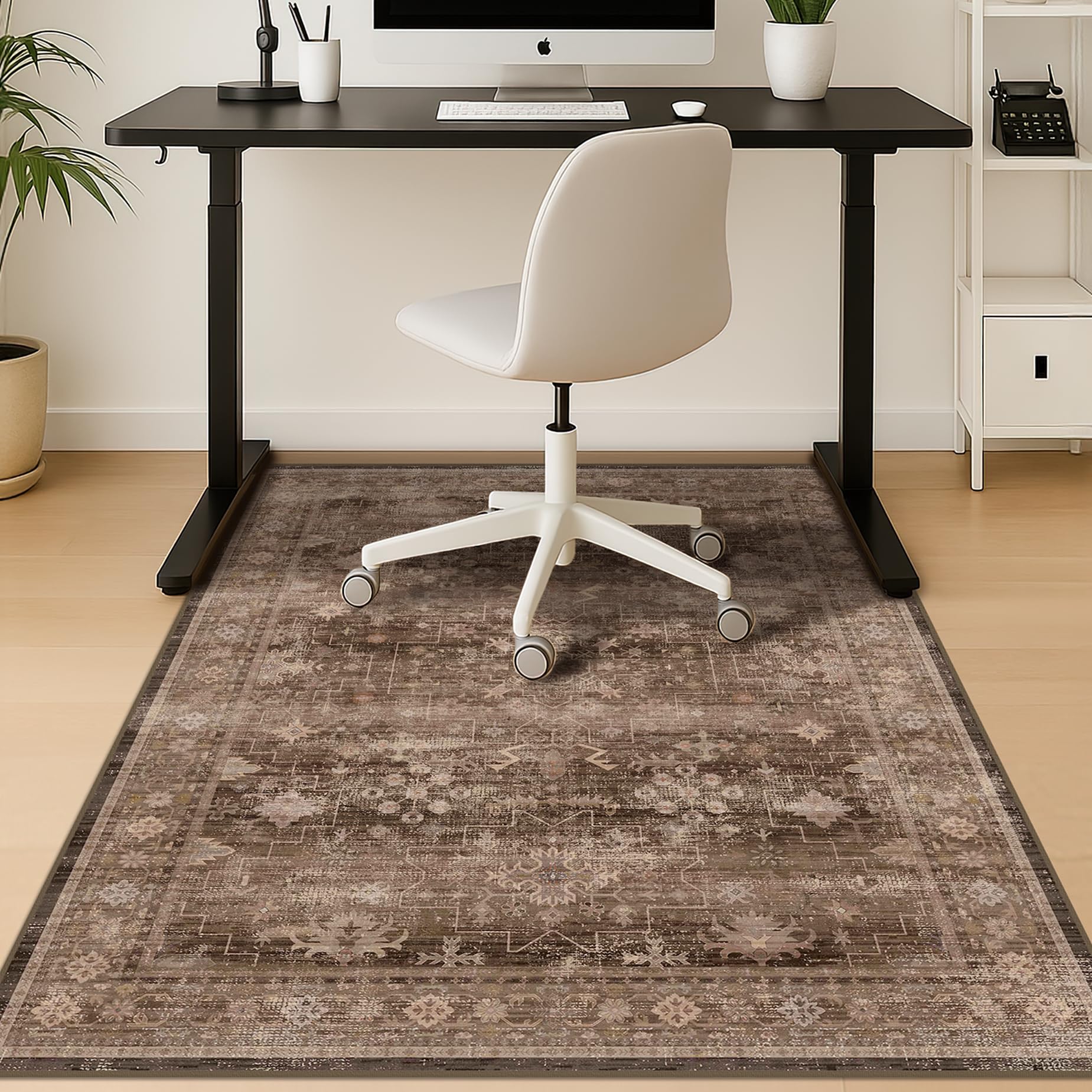 Brown Boho Office Chair Mat for Hard Wood Floors Anti-Slip Floor Protector for Heavy Duty Computer Chair 48x60
