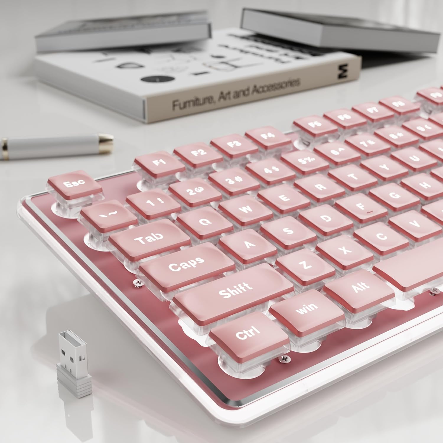 EWEADN X7S Wireless Keyboard with White Backlit, Metal Panel, 2.4G Rechargeable Computer Keyboard Silent Light up Full Size Cute Keyboards for Win & MAC – Pink