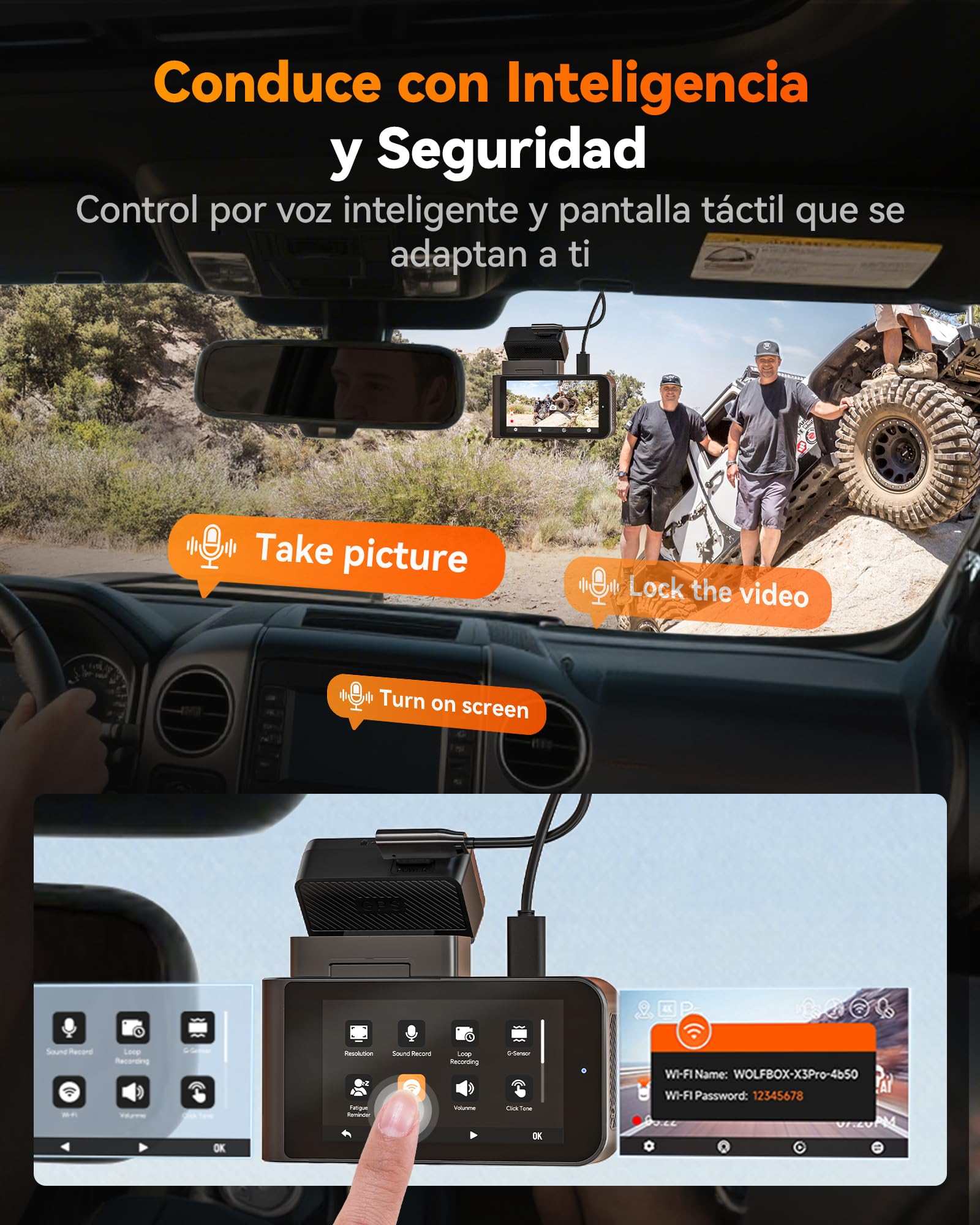 WOLFBOX X3 Pro - Cámara de salpicadero para coche, doble STARVIS 2 IMX 675, 1440P 60 FPS+1440P, ADAS Dashcam para coche, parte delantera trasera, estabilización de imagen con WiFi de 5,8 GHz, control