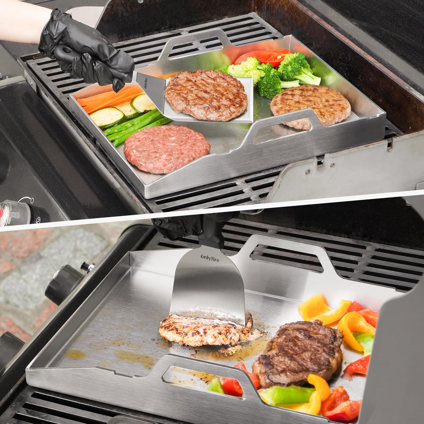 Onlyfire Plancha para Barbacoa 40x30cm de Acero Inoxidable, Plancha Grill con Tapa y 2 Espátulas, Universal, 40x30cm, para Parrillas de Gas y Camping