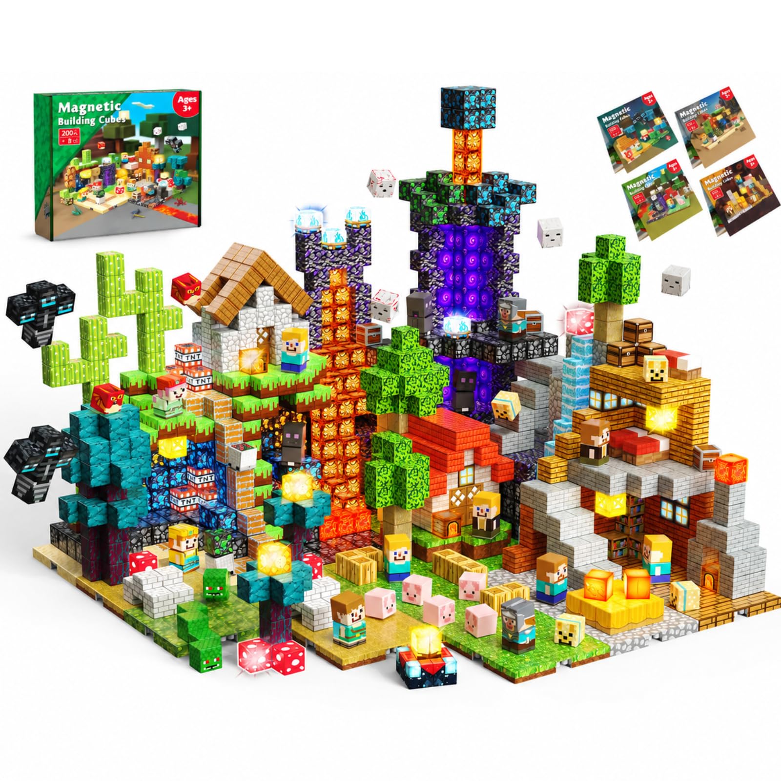 Goody King Costruzioni Magnetiche per Bambini 200 Pezzi + 8 Basette - 4 Ambienti: Portale, Miniera, Rovine e Stanza Interna, Giocattolo Creativo con Blocchi Magnetici Regalo per Bambini 4-12 Anni