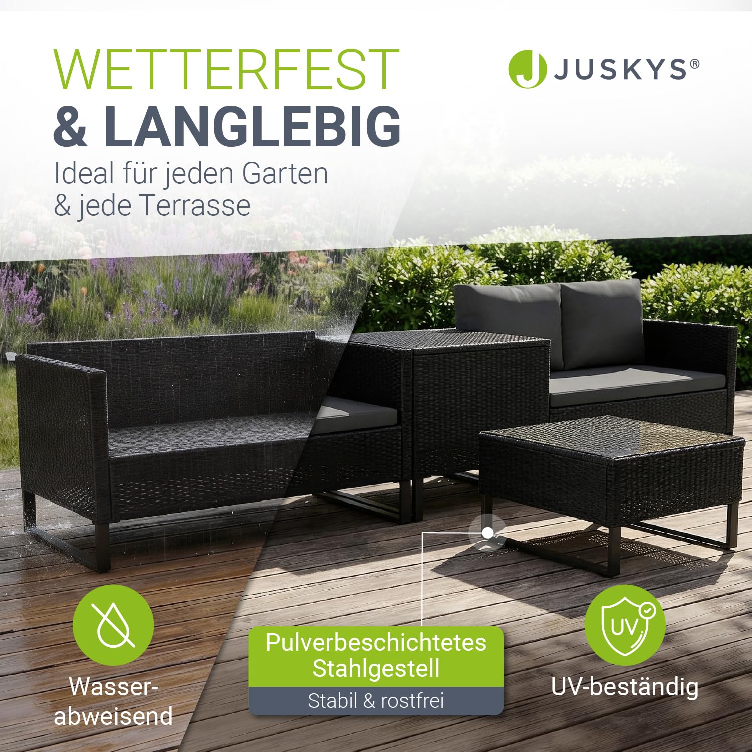 Juskys Polyrattan Lounge für 4 Personen – Outdoor Gartenmöbel Set Santorini mit Beistelltisch & Auflagenbox, wetterfeste Lounge Möbel als Balkonmöbel Sitzecke – Schwarz
