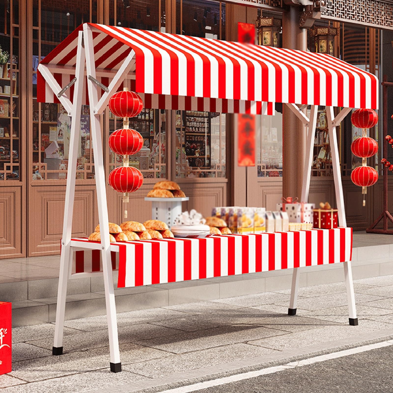 Retail Display Stand Red Green for Vendor Booth, Portable Carbon Steel Folding Shop Concession Stall Shelf with Awning & Tablecloth for Selling Food/ Market Vending(Red,L 63 inch)