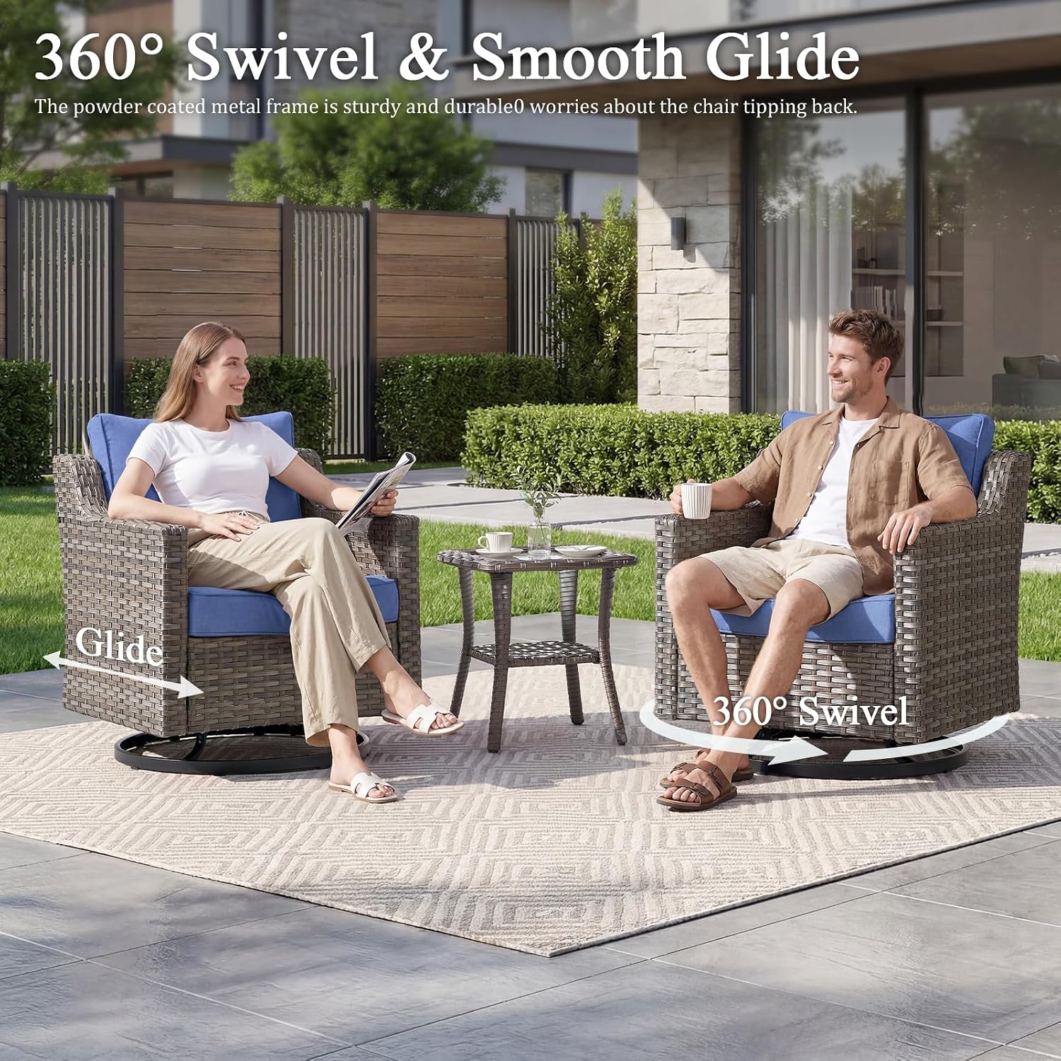 Luxury Patio Furniture Sofa Set - 8 Pieces All Weather Wicker Outdoor Couch and High Back Swivel Rocker Patio Chairs with fire Pit for Deck Yard and Poolside Gray Wicker | Blue Cushions
