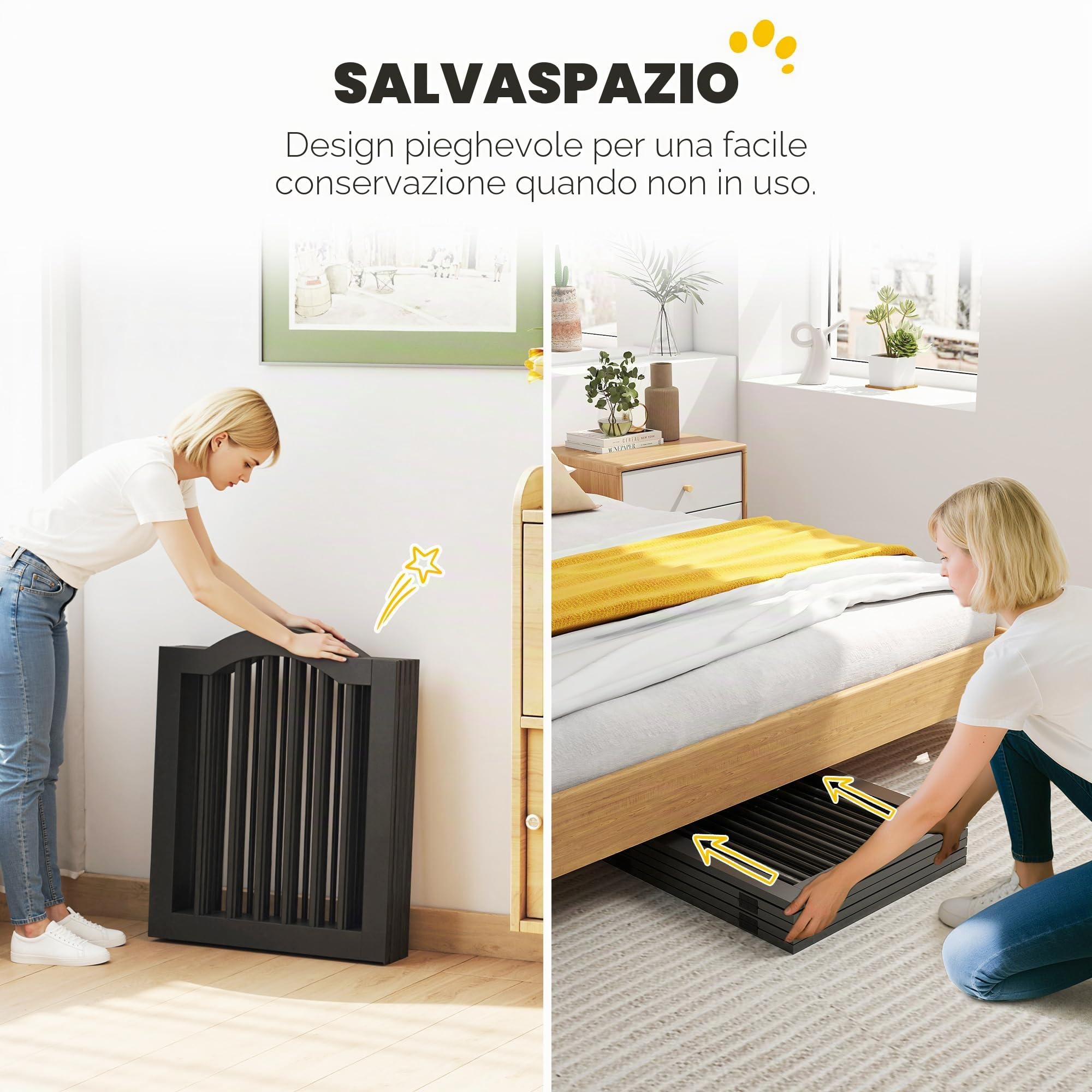 PawHut Cancello animali autoportante con piedi per porta Nero | Cancello legno, recinto pieghevole, barriera sicurezza, casa, scale