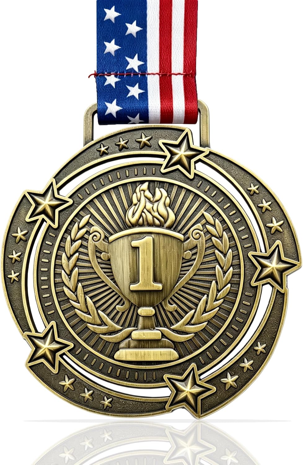 First Place Medal, Large 3.34" Gold Award Medal with Stars & Stripes Neck Ribbon | Olympic Style 1st Place Winners Medal for Sports, School Tournaments & Competitions