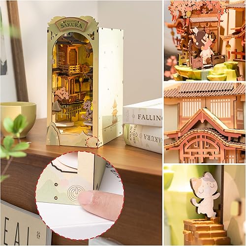 Miniatura 4 de Rolife Kits de rincón de libros de bricolaje LED decorativo para estantería, kit de modelo en miniatura, rompecabezas 3D de madera para adultos,