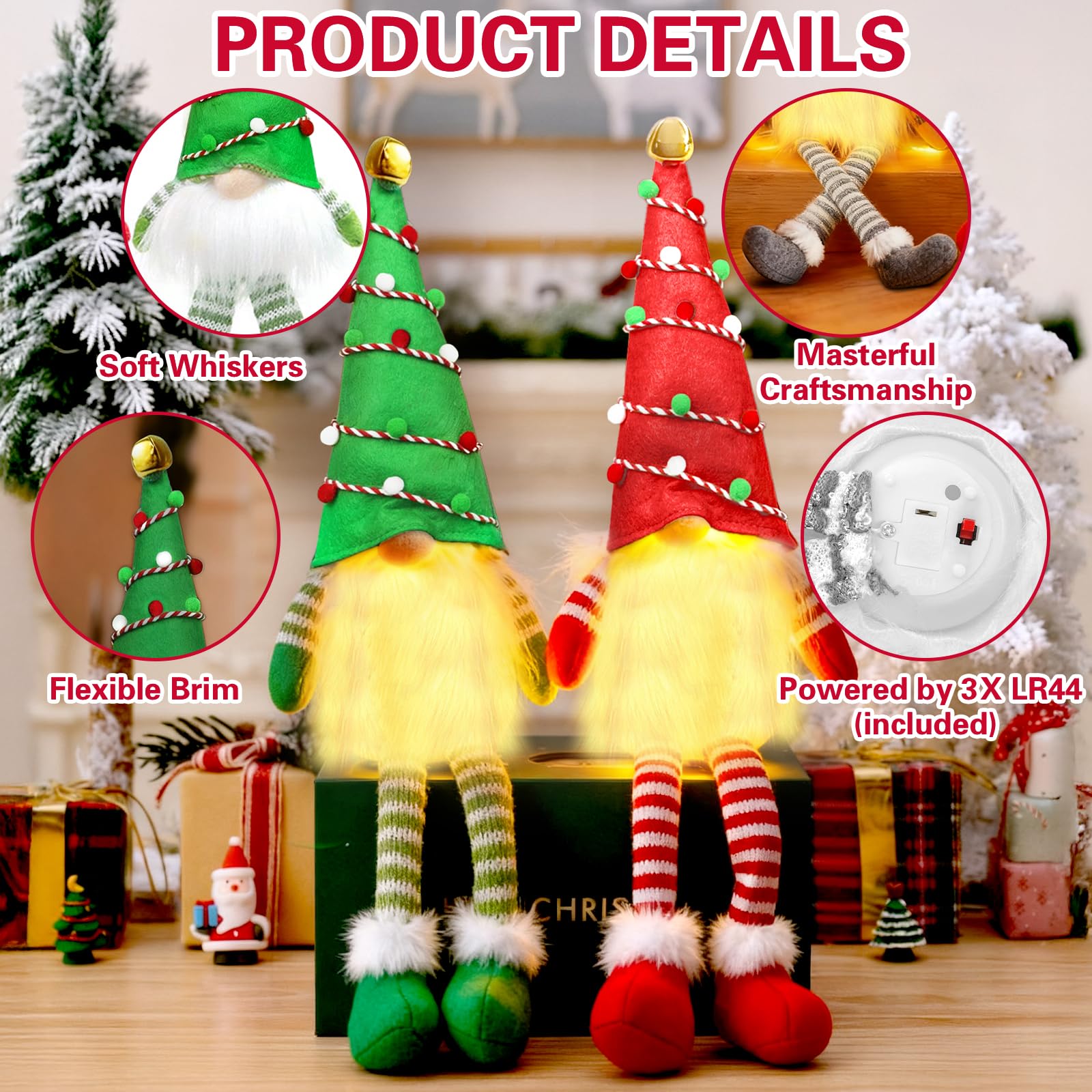 3 Gnomi Di Natale Con LED Luminosi | Decorazioni Natalizie Con Cappello In Tessuto | Batteria Inclusa - 3