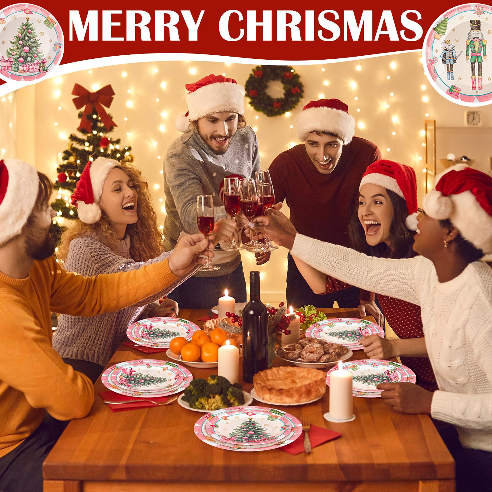 Funnymoom 200 piezas de suministros de fiesta de Navidad, platos y servilletas de Navidad, platos de papel de Navidad, 50 platos de cena de Navidad, 50 platos desechables de postre, 100 servilletas