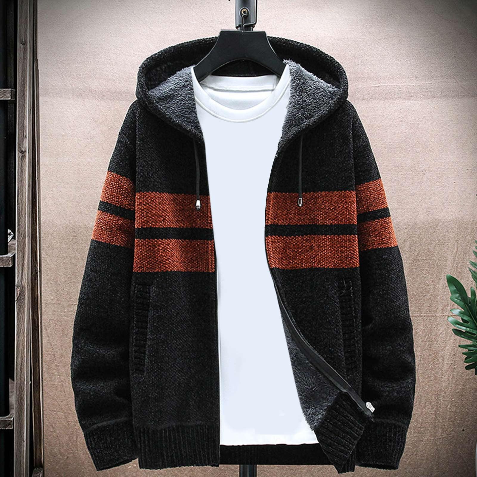 Cardigan à capuche pour homme - Manches longues - Motif torsadé - Veste en tricot doublé en polaire - Respirant - Veste de loisirs fine - Veste d'hiver chaude en maille fine - Veste polaire
