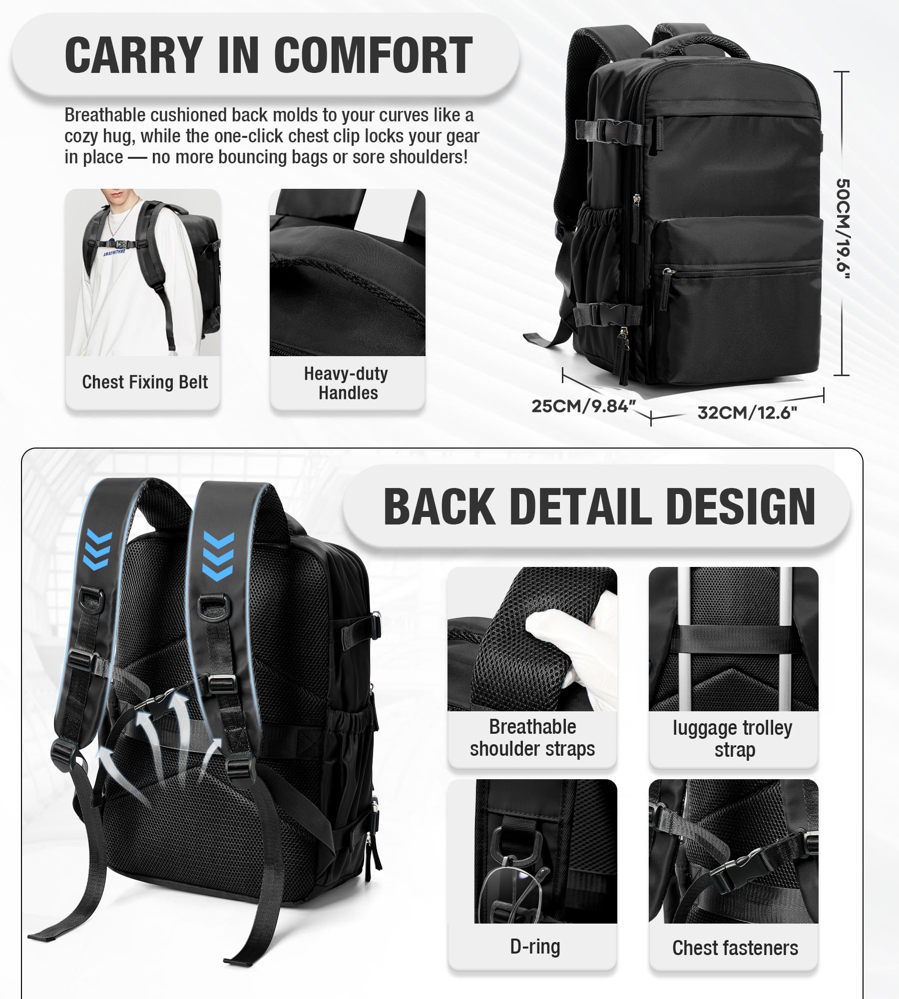 Zaino da Viaggio Grande Zaino Sottovuoto Con Pompa Donna da Escursionismo Sportivo da Esterno impermeabile Zaino Casual Laptop da 15.6 Pollici Borsa da Viaggio Uomo Nero