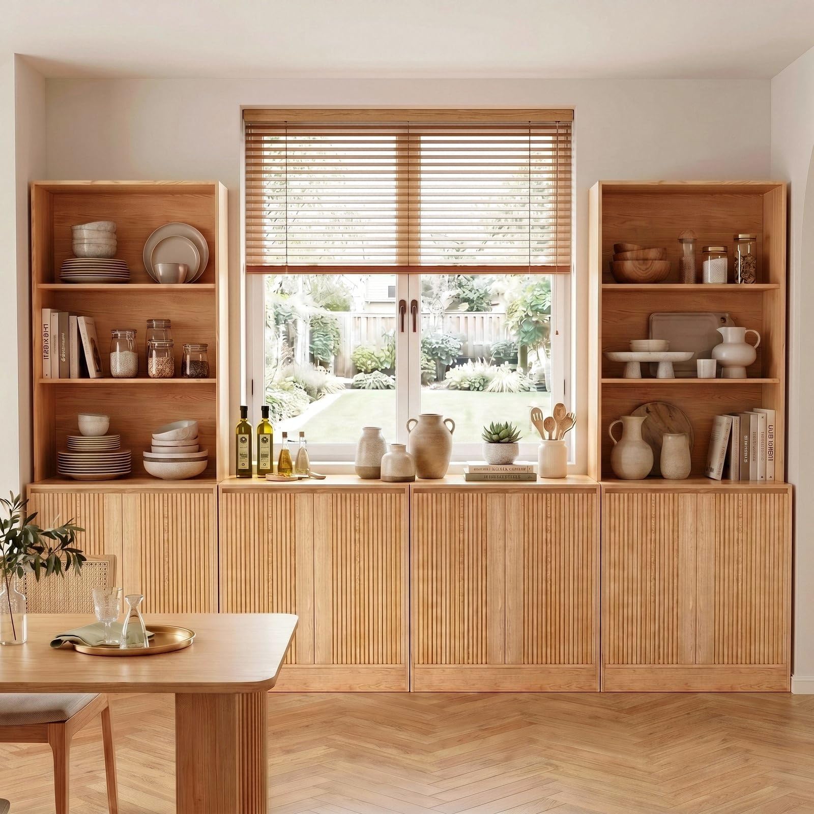 VOWNER TV-Schrank mit Bücherregal, 240cm B Großer Fernsehschrank, TV-Board Set für TV bis 50 Zoll, Wohnwand mit Arbeitsplatte für Wohnzimmer & Esszimmer, Holzfarbe (4PCS)