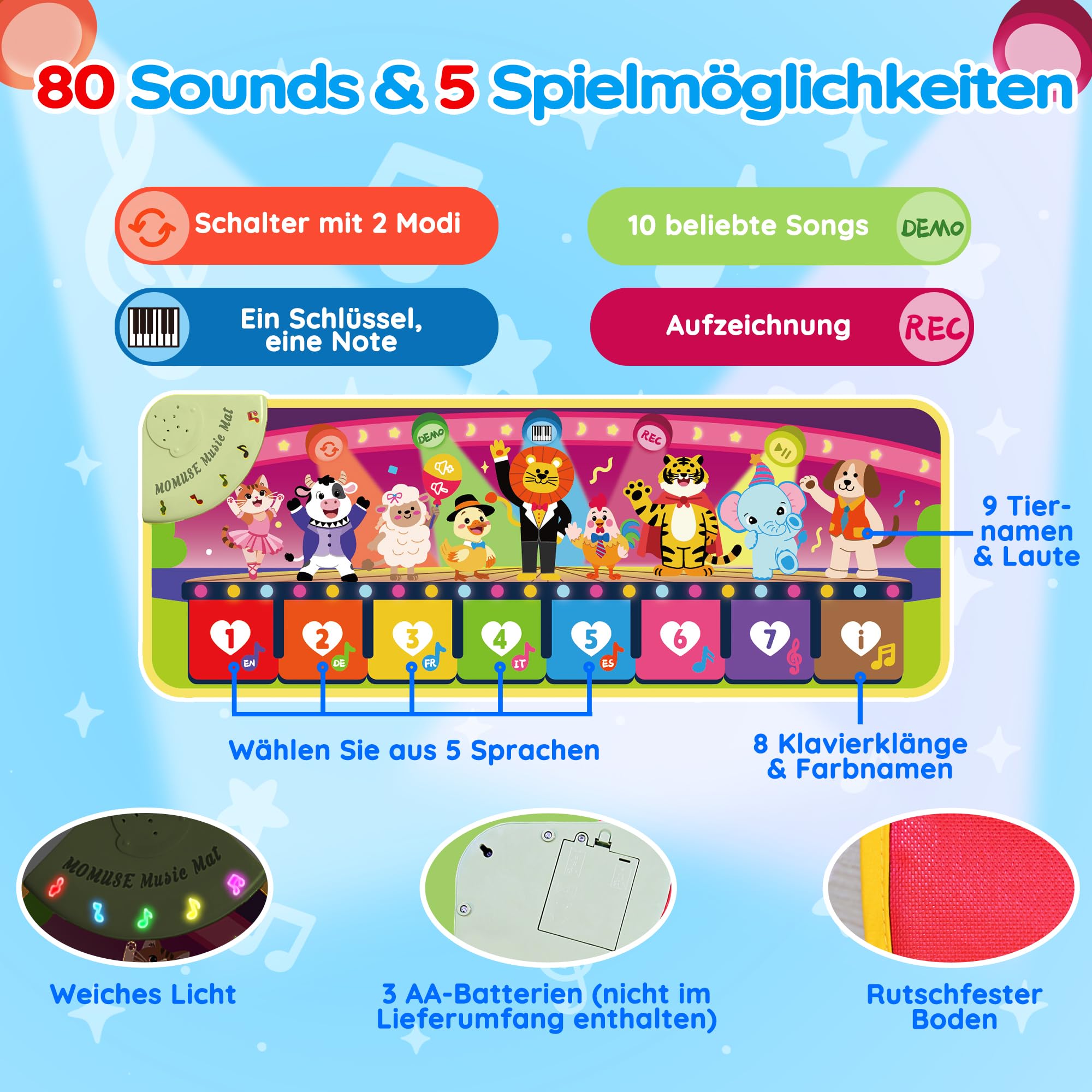 MOMUSE 5-Sprachen Musikmatte (DE/FR/IT/ES/EN), Baby Spielzeug ab 1 Jahr, Multilinguale Klaviermatte mit 9 Tieren, Tragbar, Leicht, Weihnachts-/Geburtstagsgeschenk für Kinder 1 2 3 4 Jahre